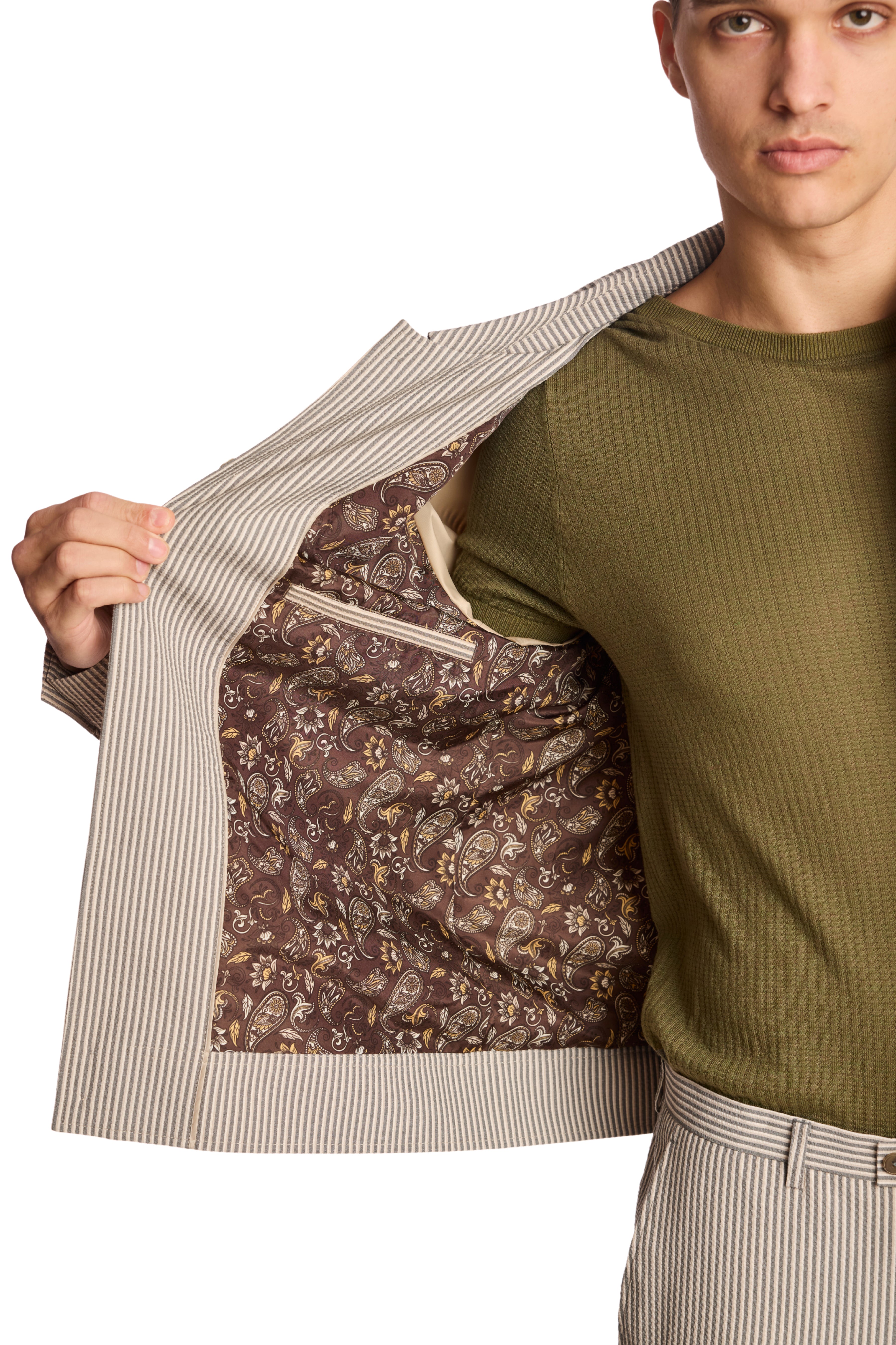 Milo Buttoned Bomber Jacket  - slim - Grey Tan Cream Seersucker