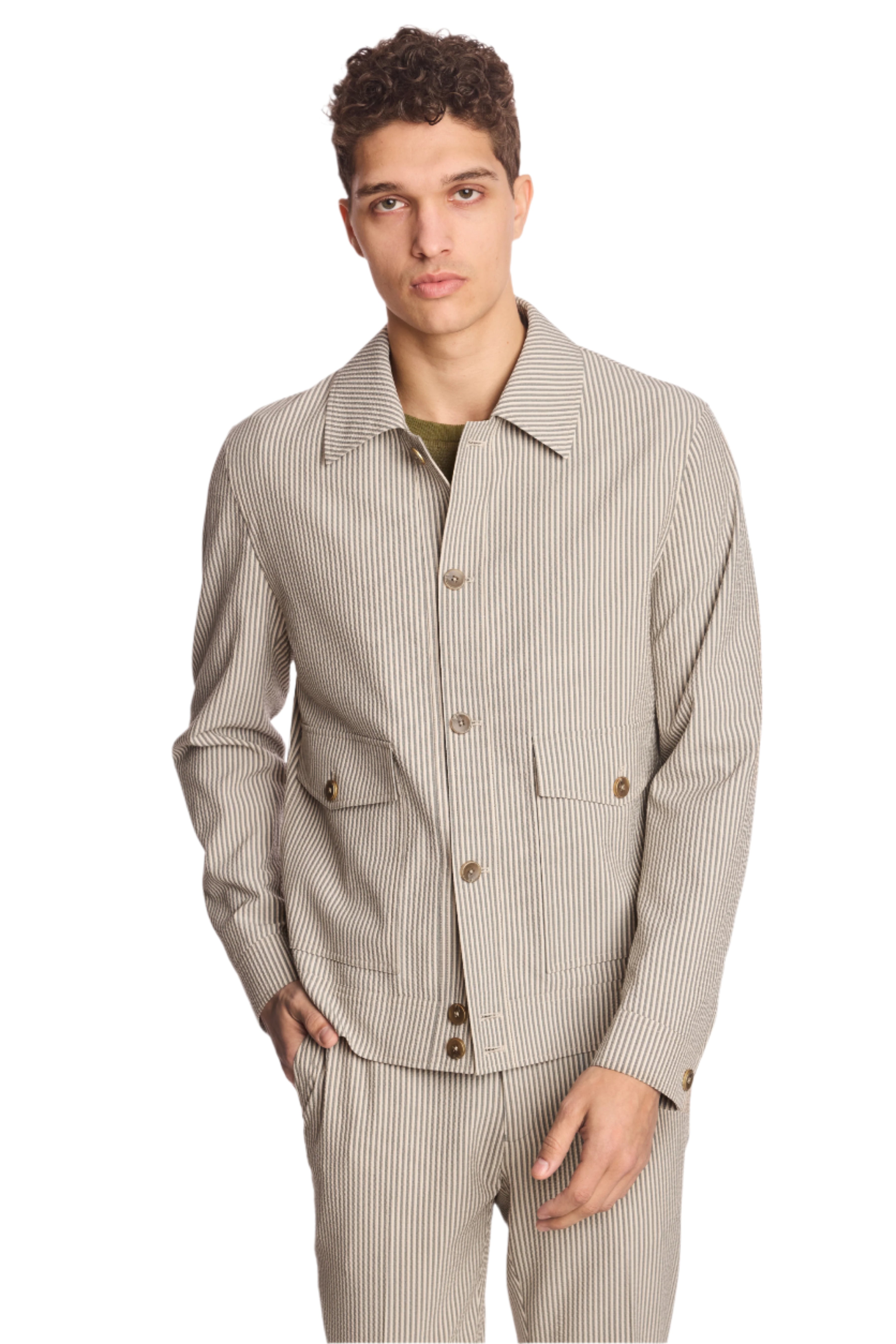 Milo Buttoned Bomber Jacket  - slim - Grey Tan Cream Seersucker