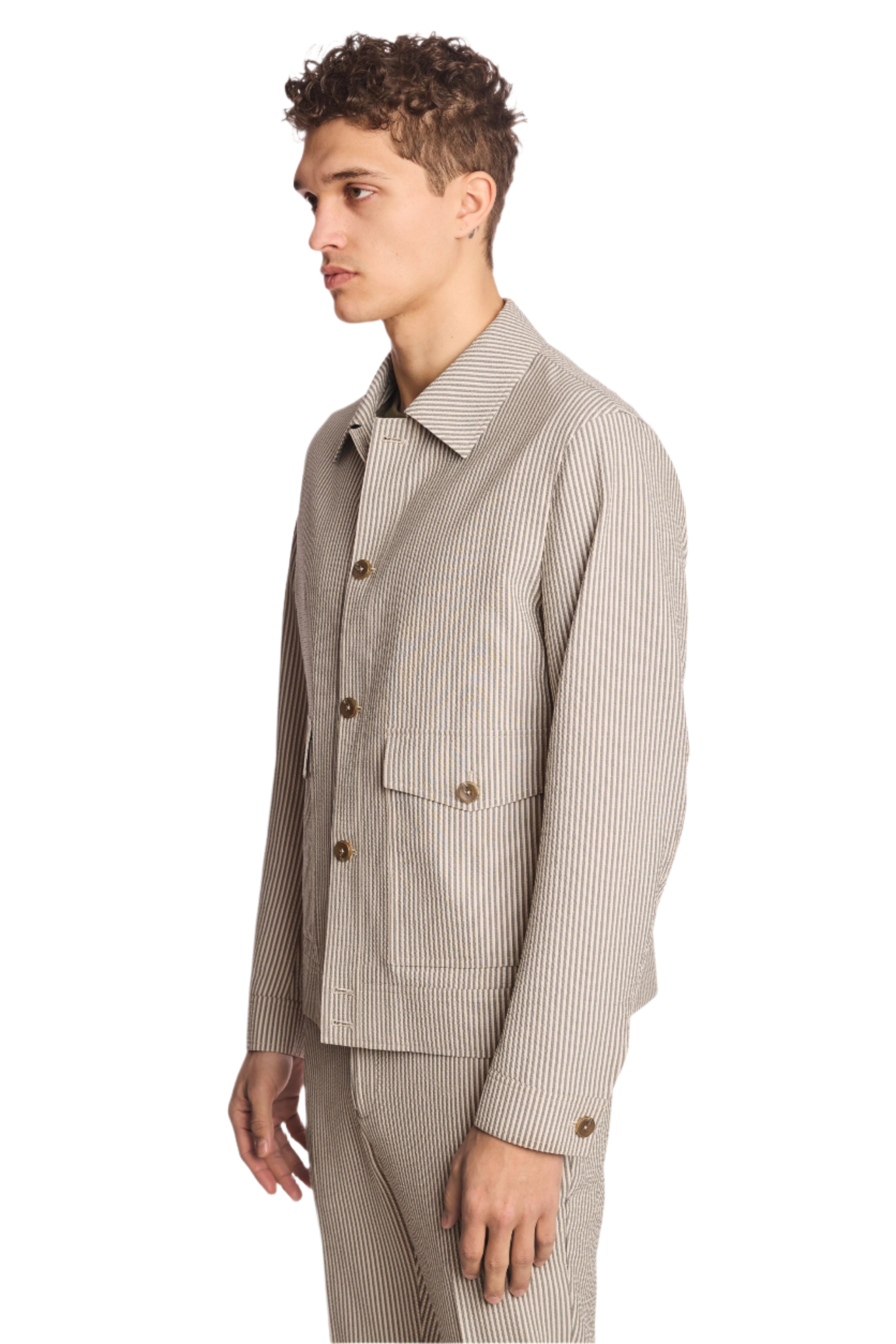 Milo Buttoned Bomber Jacket  - slim - Grey Tan Cream Seersucker