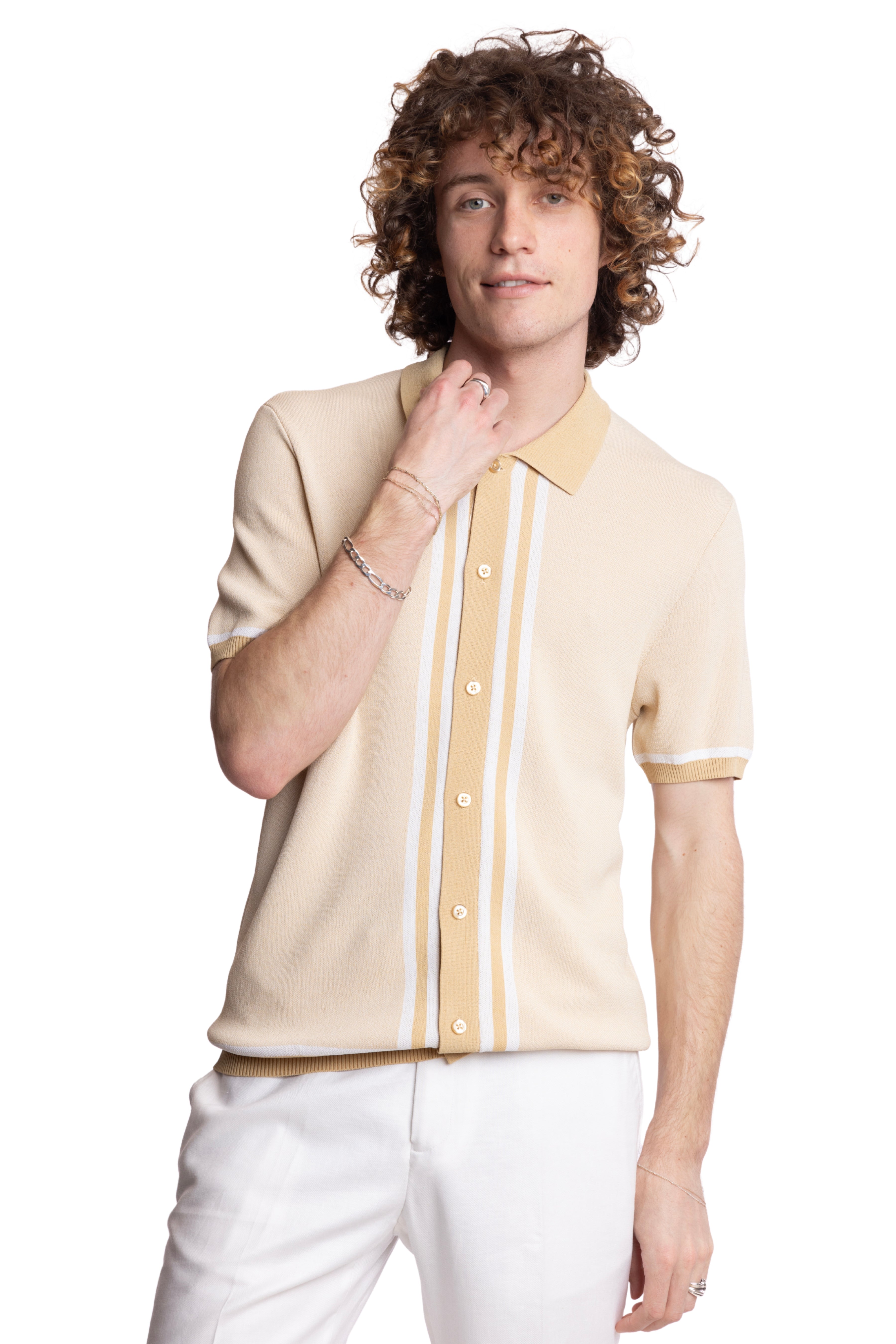 Full Placket Retro Polo - Tan White