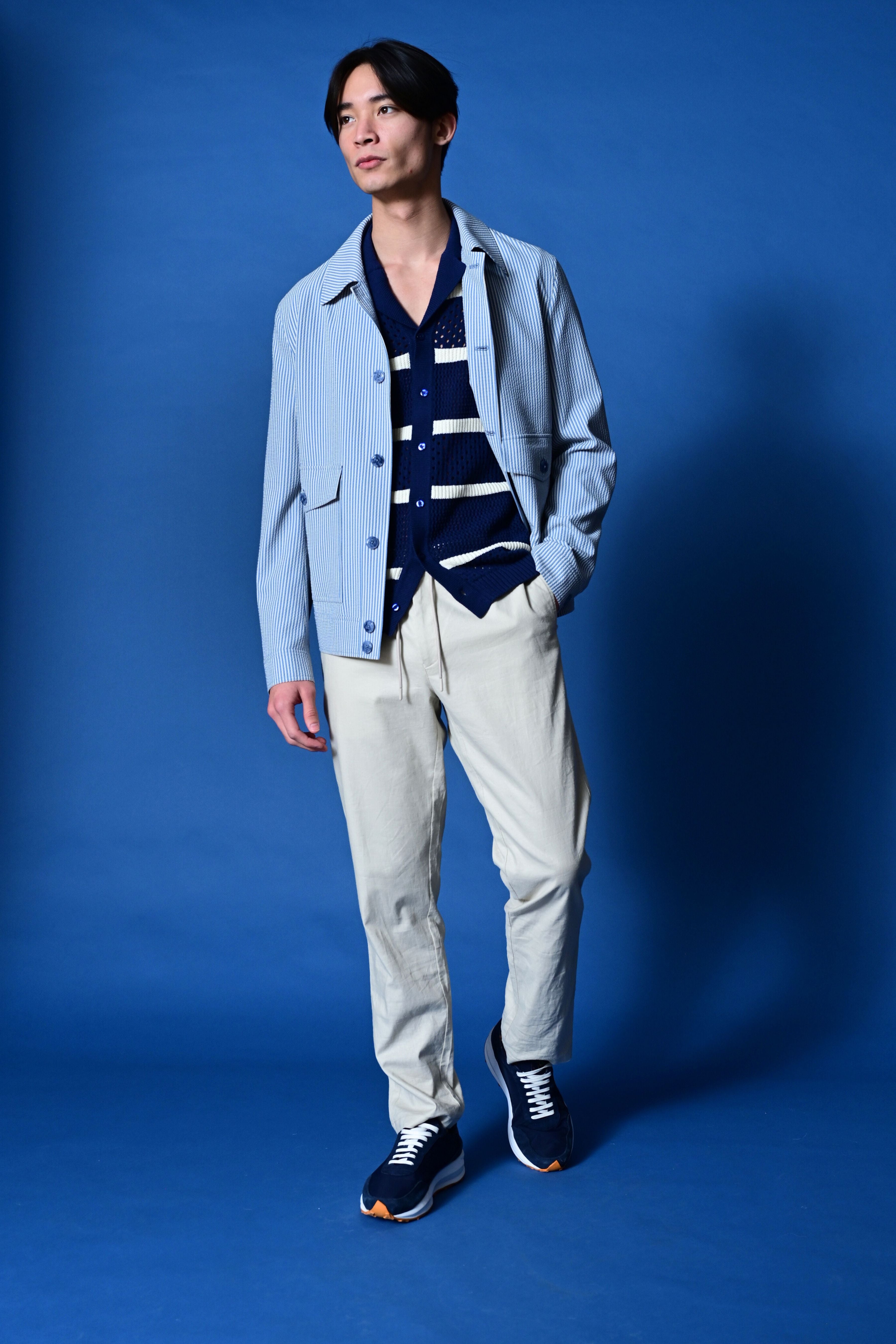 Milo Buttoned Bomber Jacket  - slim - Blue Grey Cream Seersucker