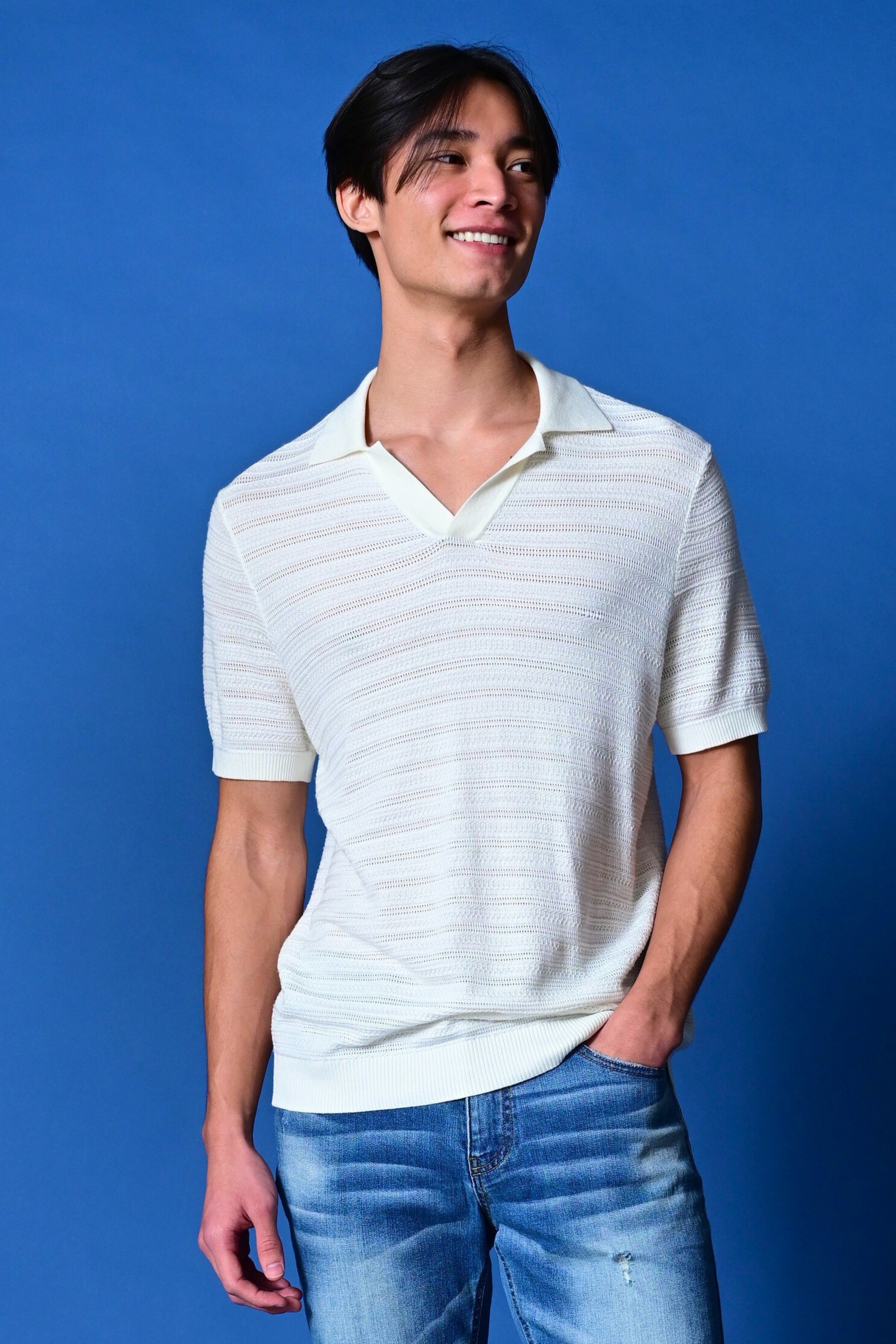 Johnny Collar 2 Tone Polo - Cream & White