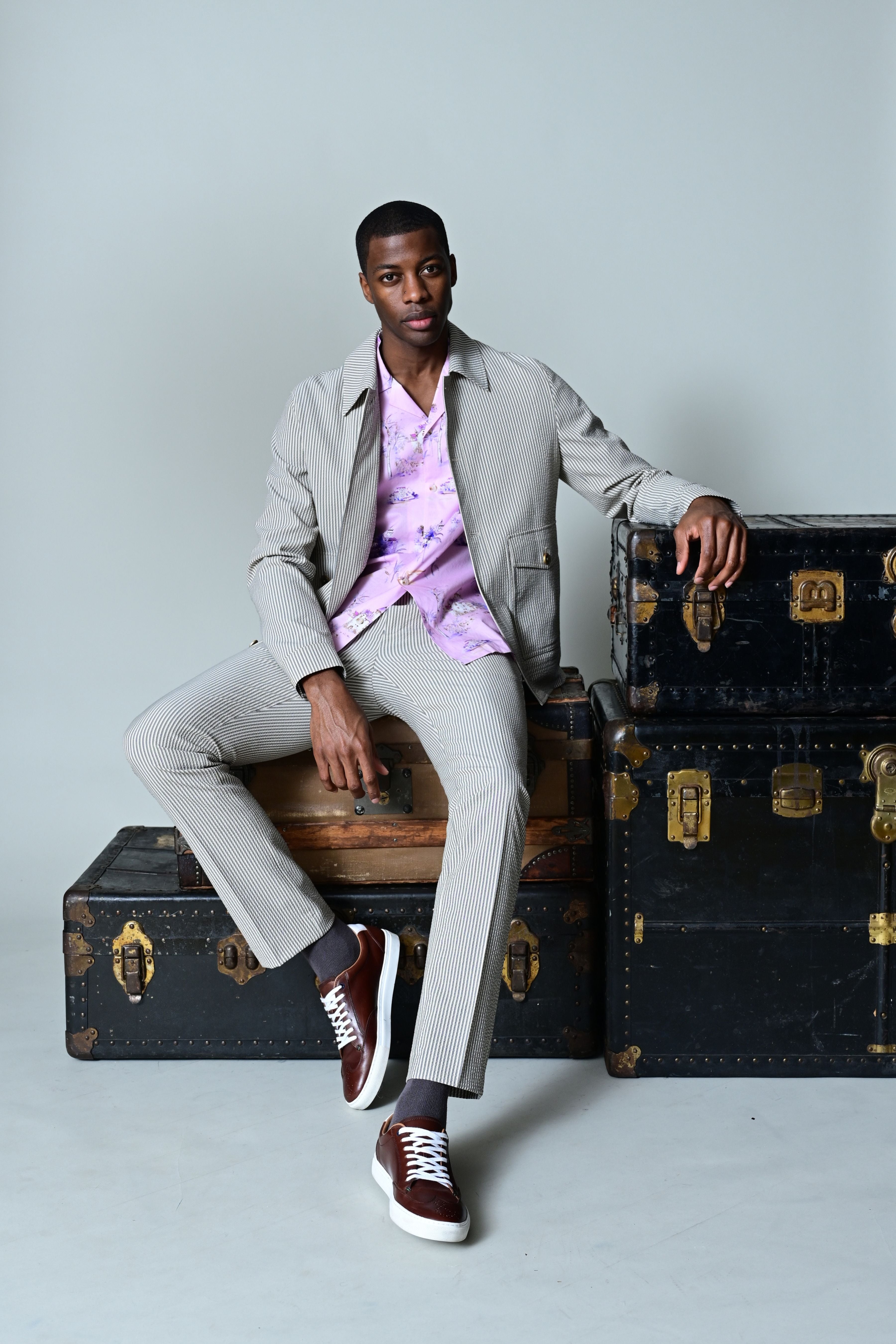 Milo Buttoned Bomber Jacket  - slim - Grey Tan Cream Seersucker