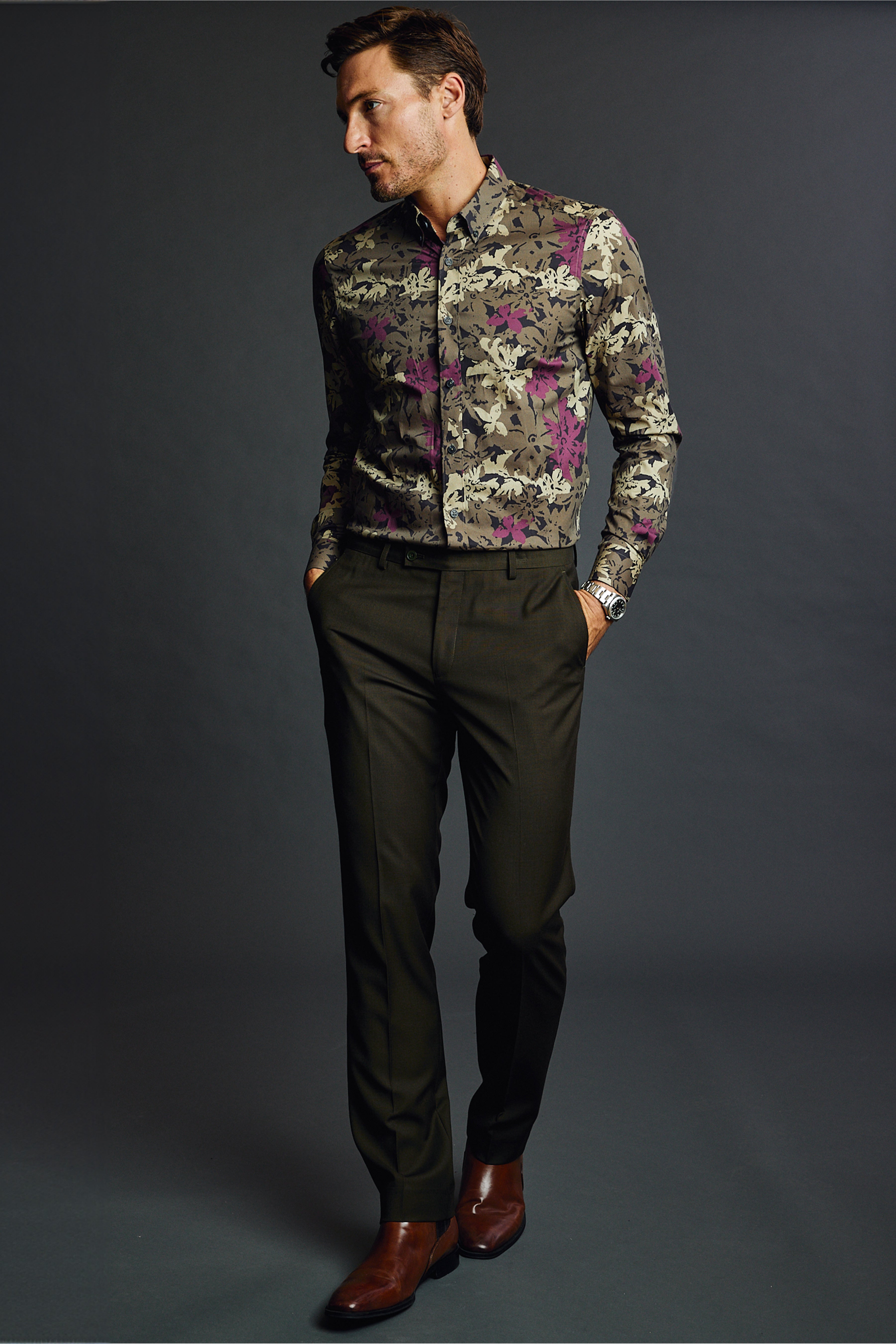 Brian Button Down Shirt - Army Burgundy Floral