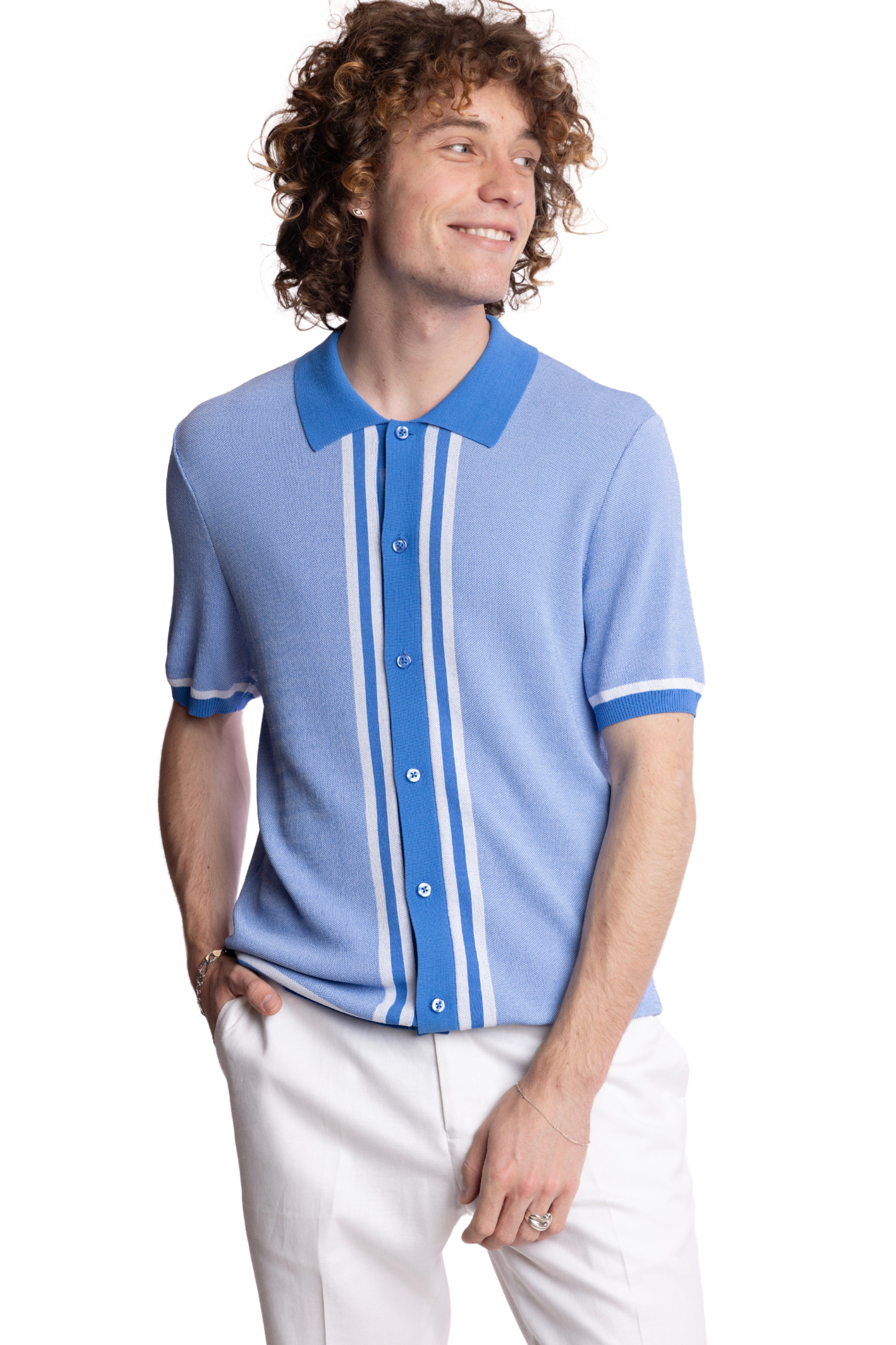 Full Placket Retro Polo - Easy Blue White