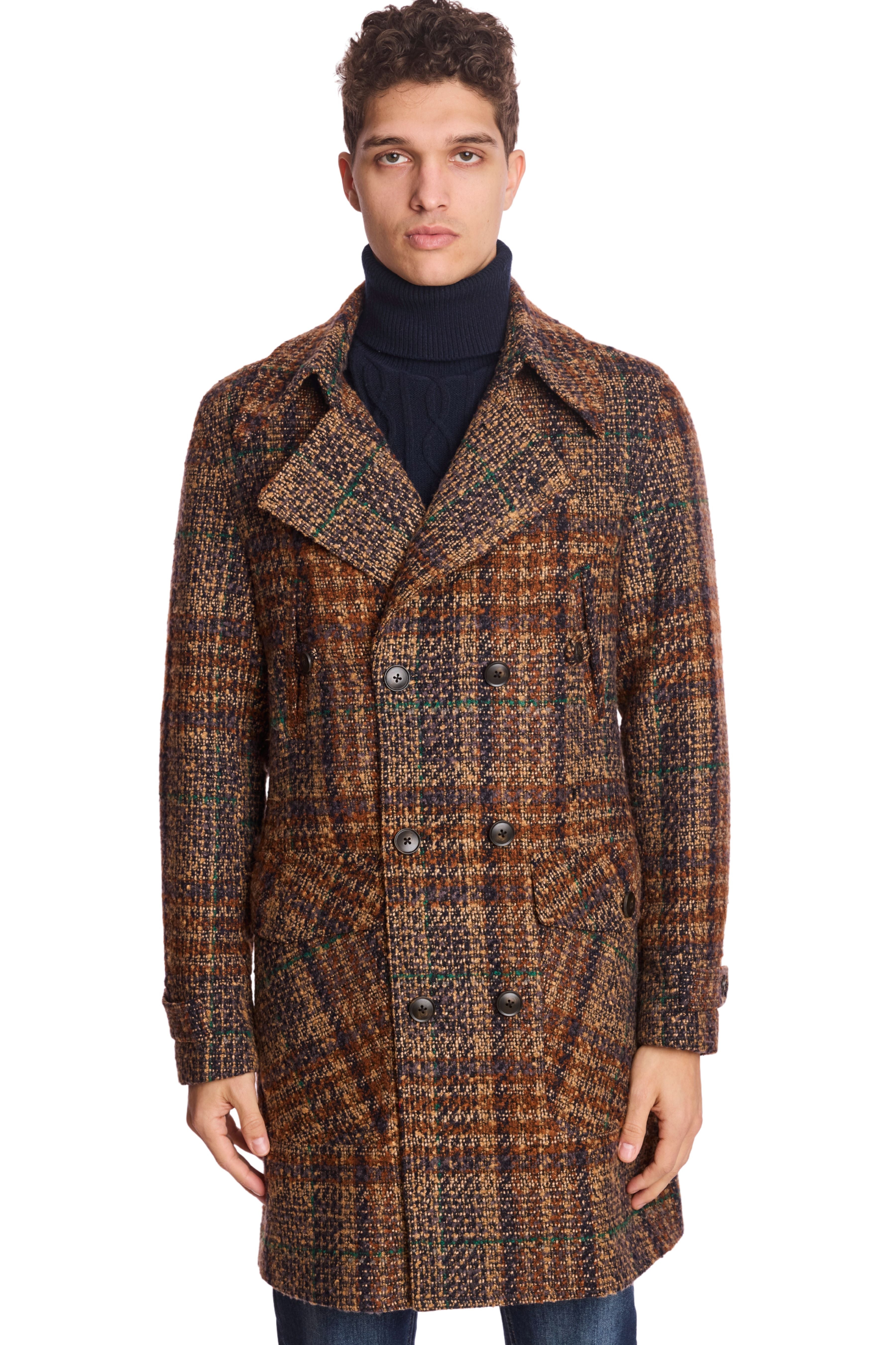 Military DB Overcoat - Tan Purple Rust Plaid