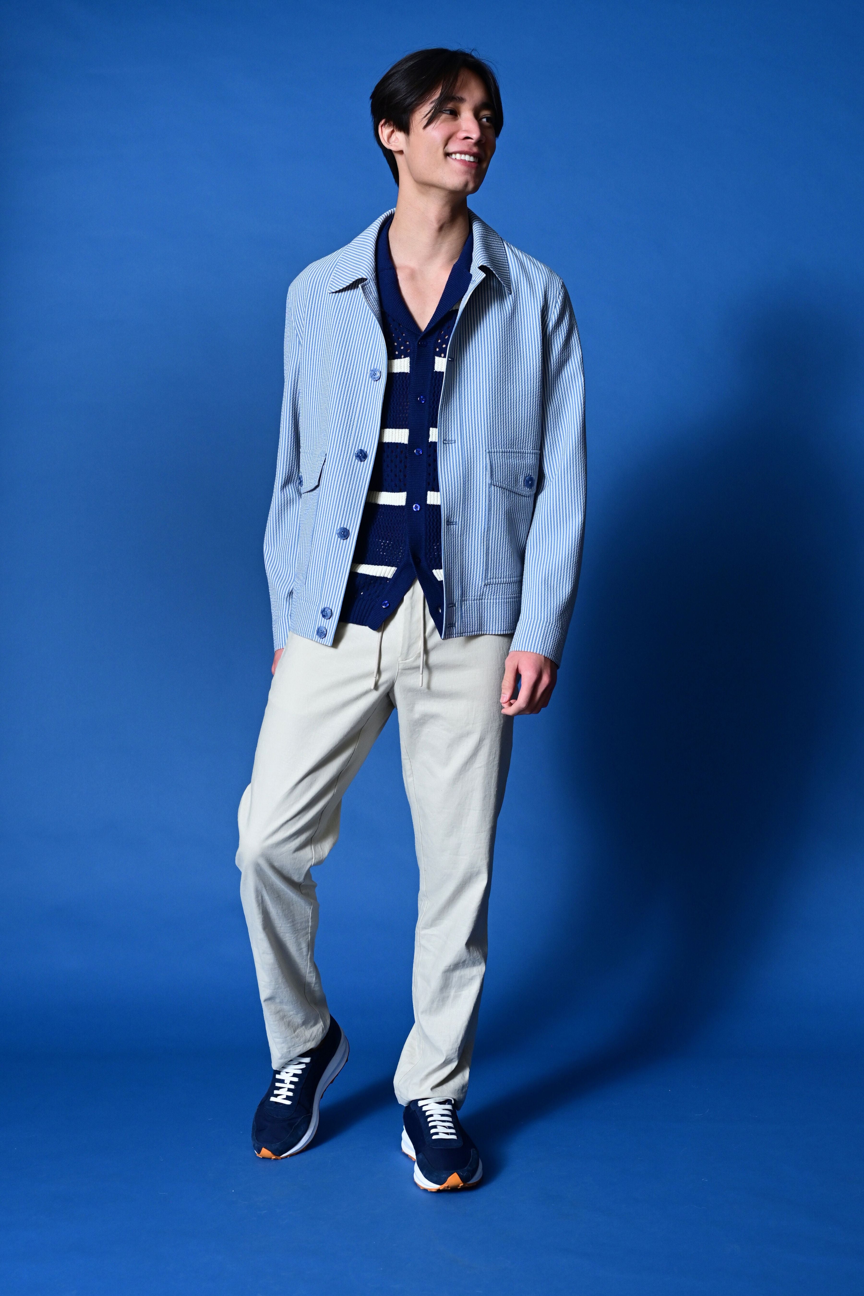 Milo Buttoned Bomber Jacket  - slim - Blue Grey Cream Seersucker