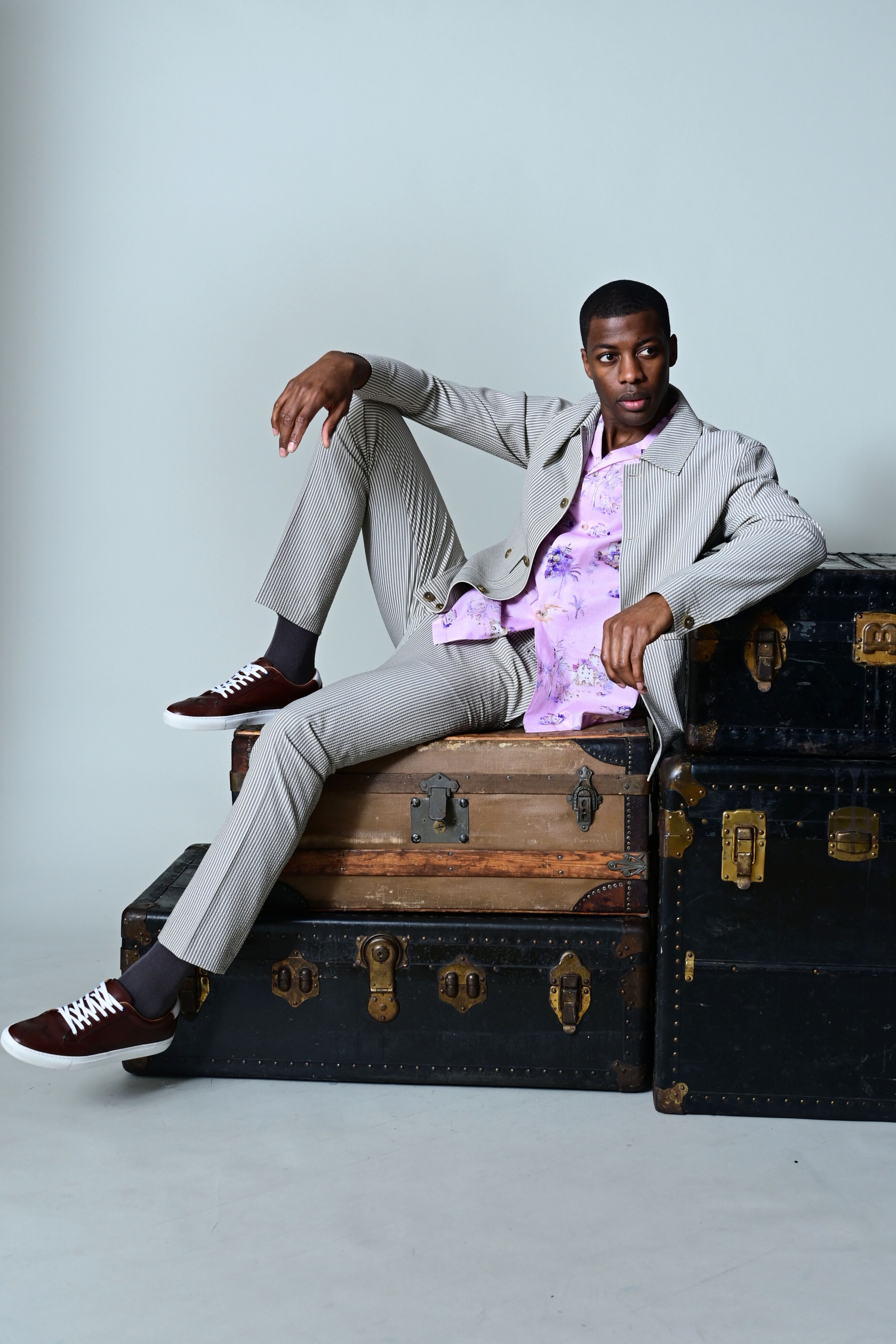 Milo Buttoned Bomber Jacket  - slim - Grey Tan Cream Seersucker