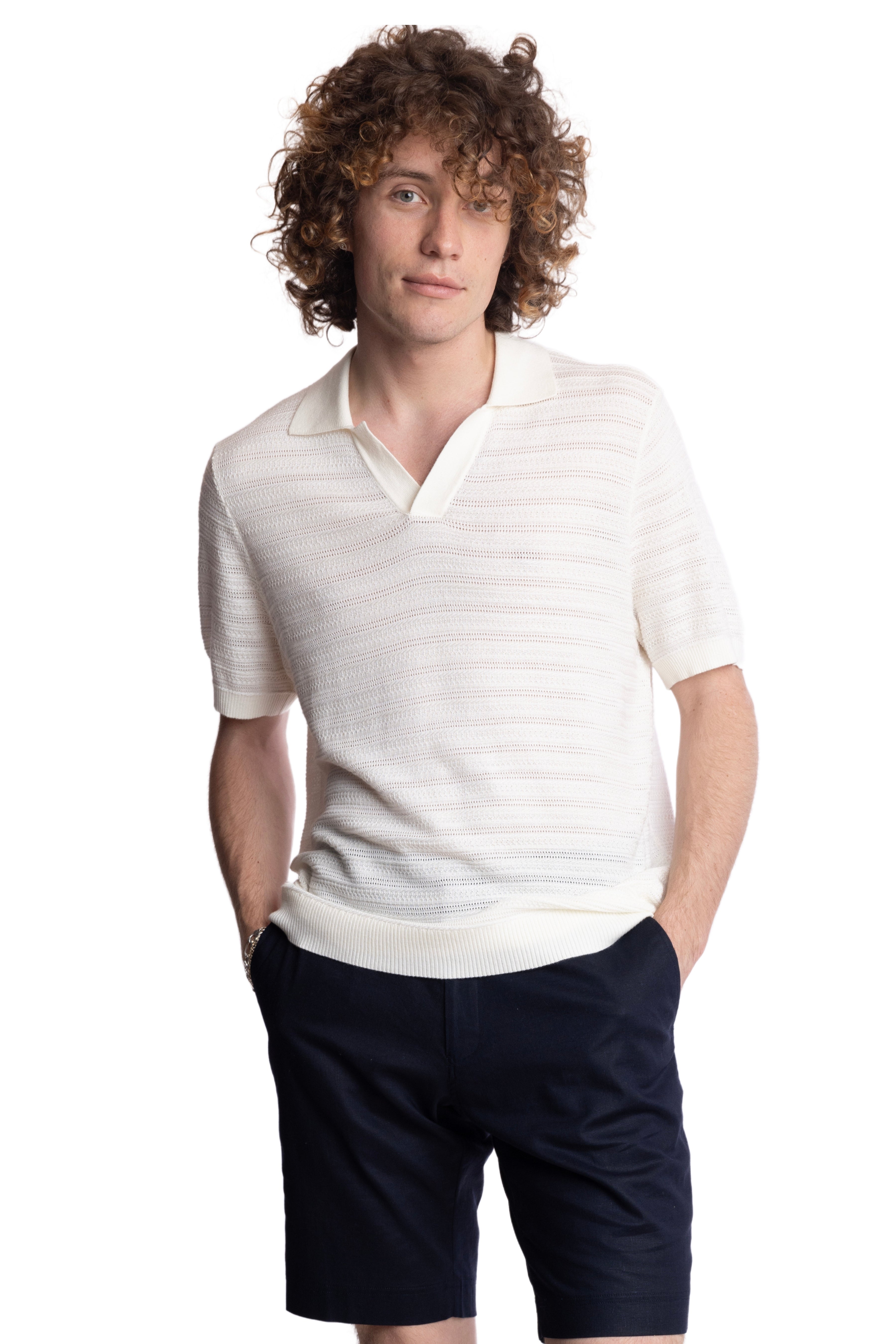 Johnny Collar 2 Tone Polo - Cream & White