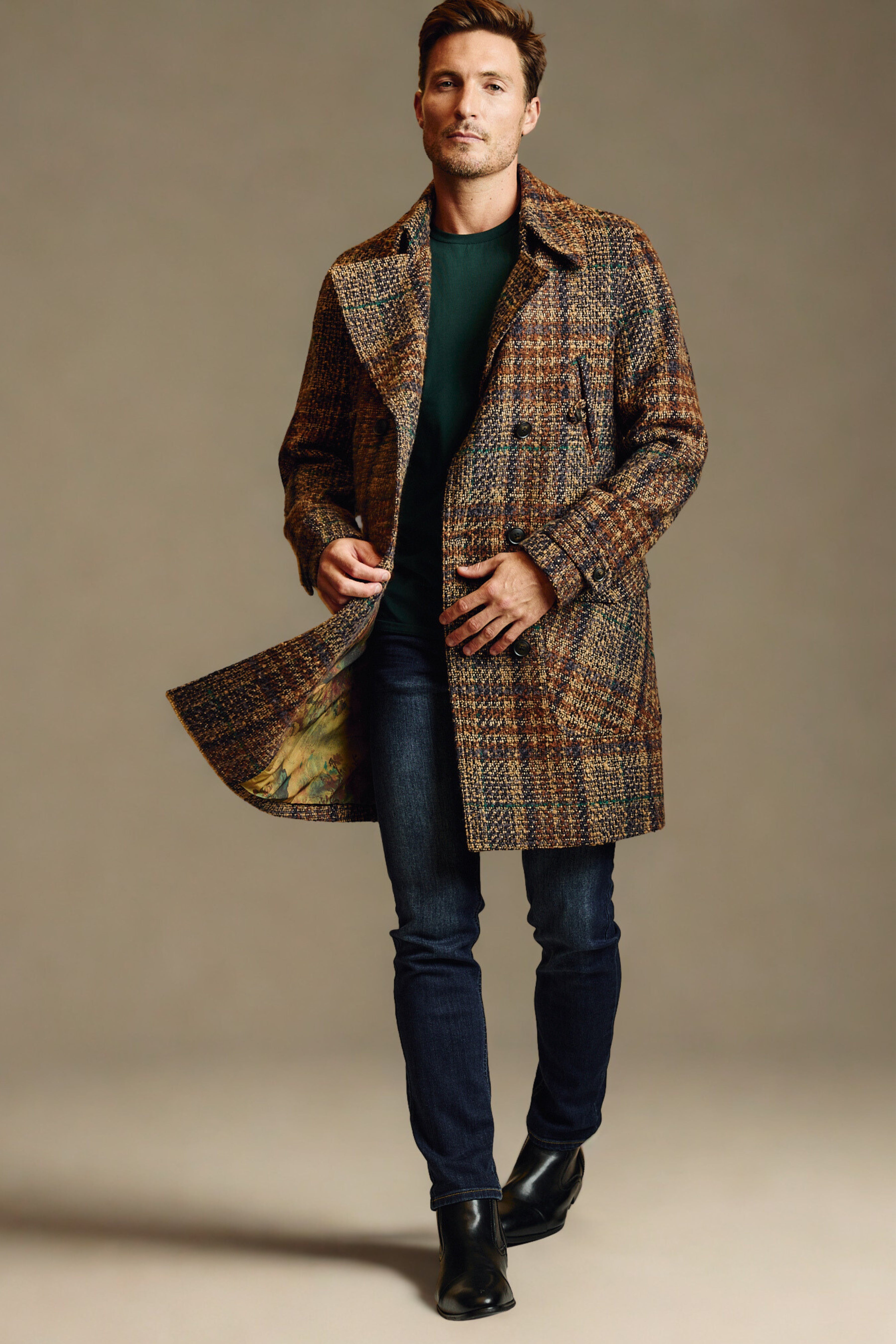 Military DB Overcoat - Tan Purple Rust Plaid