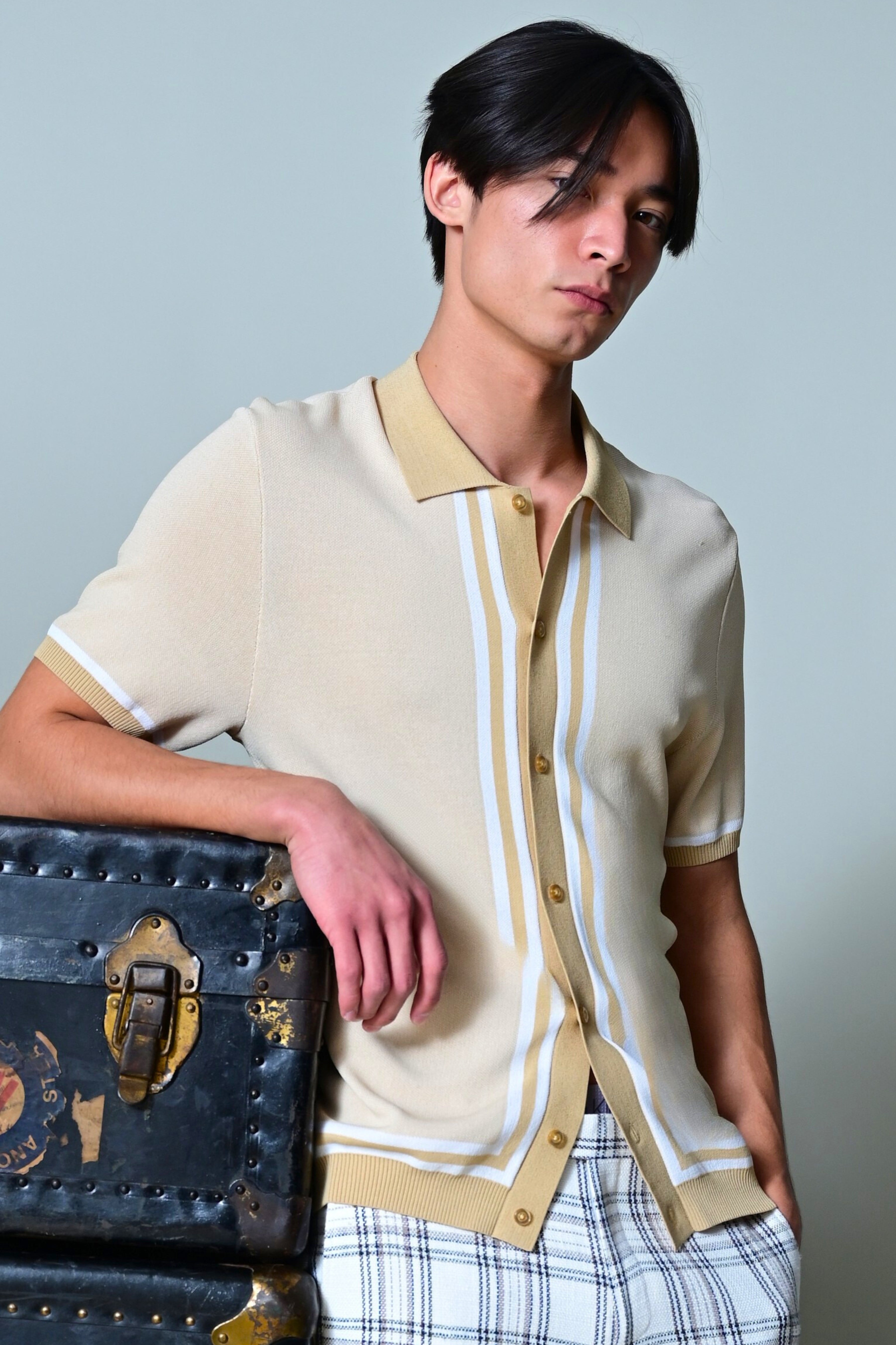 Full Placket Retro Polo - Tan White