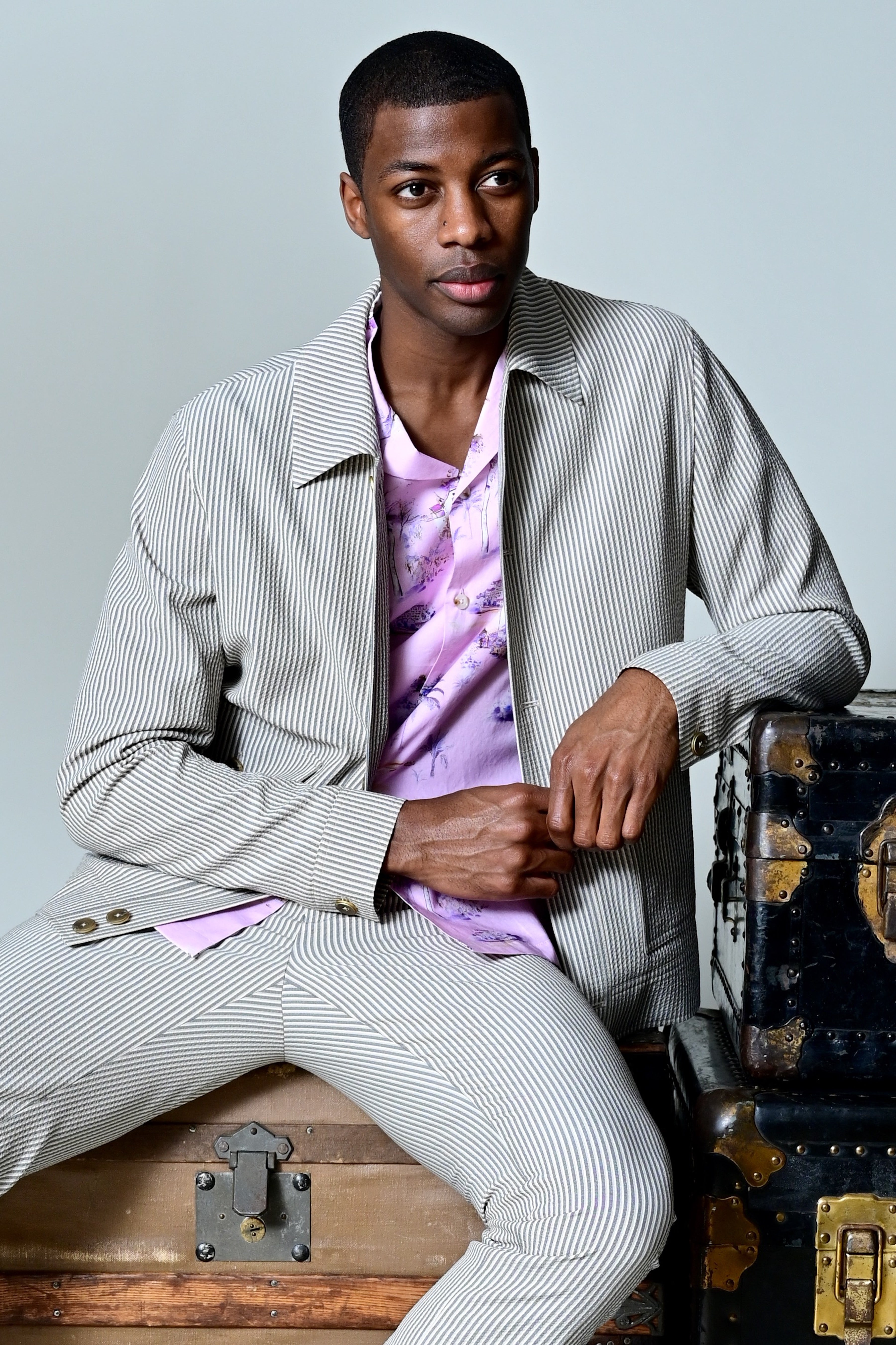 Milo Buttoned Bomber Jacket  - slim - Grey Tan Cream Seersucker