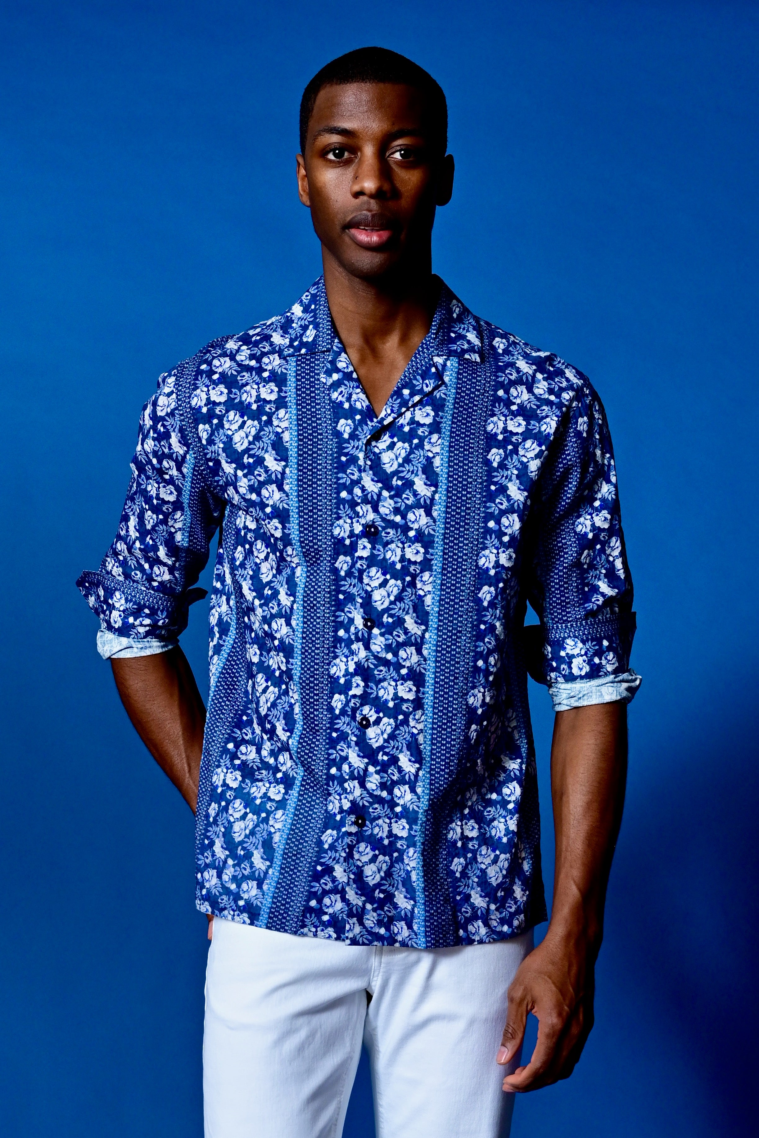 Camp Collar Shirt - Navy Lt Blue Floral Stripe