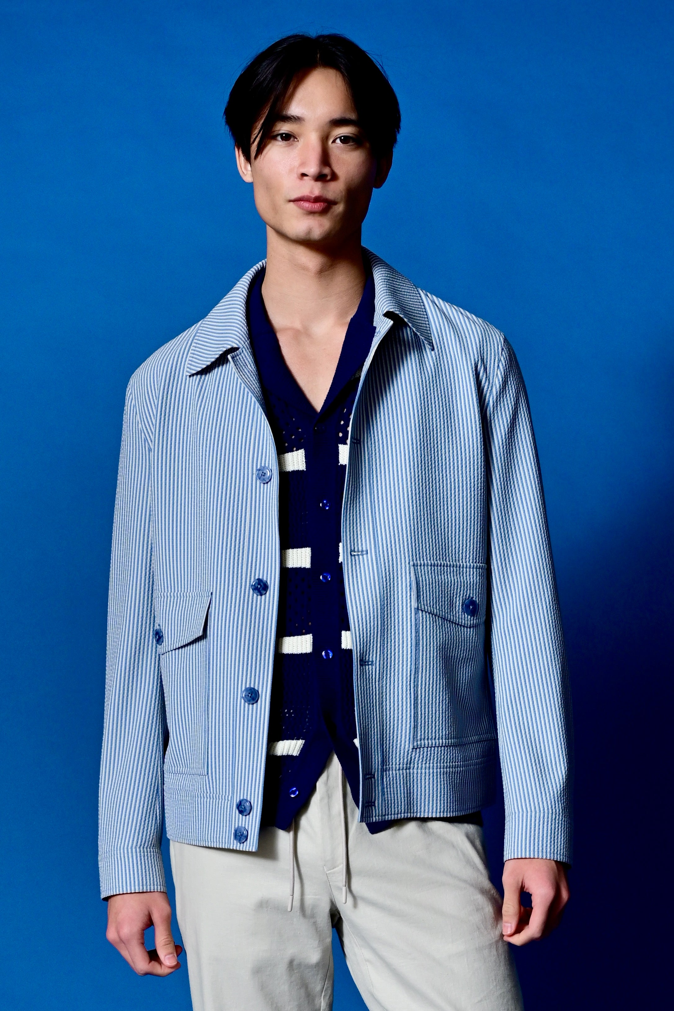 Milo Buttoned Bomber Jacket  - slim - Blue Grey Cream Seersucker