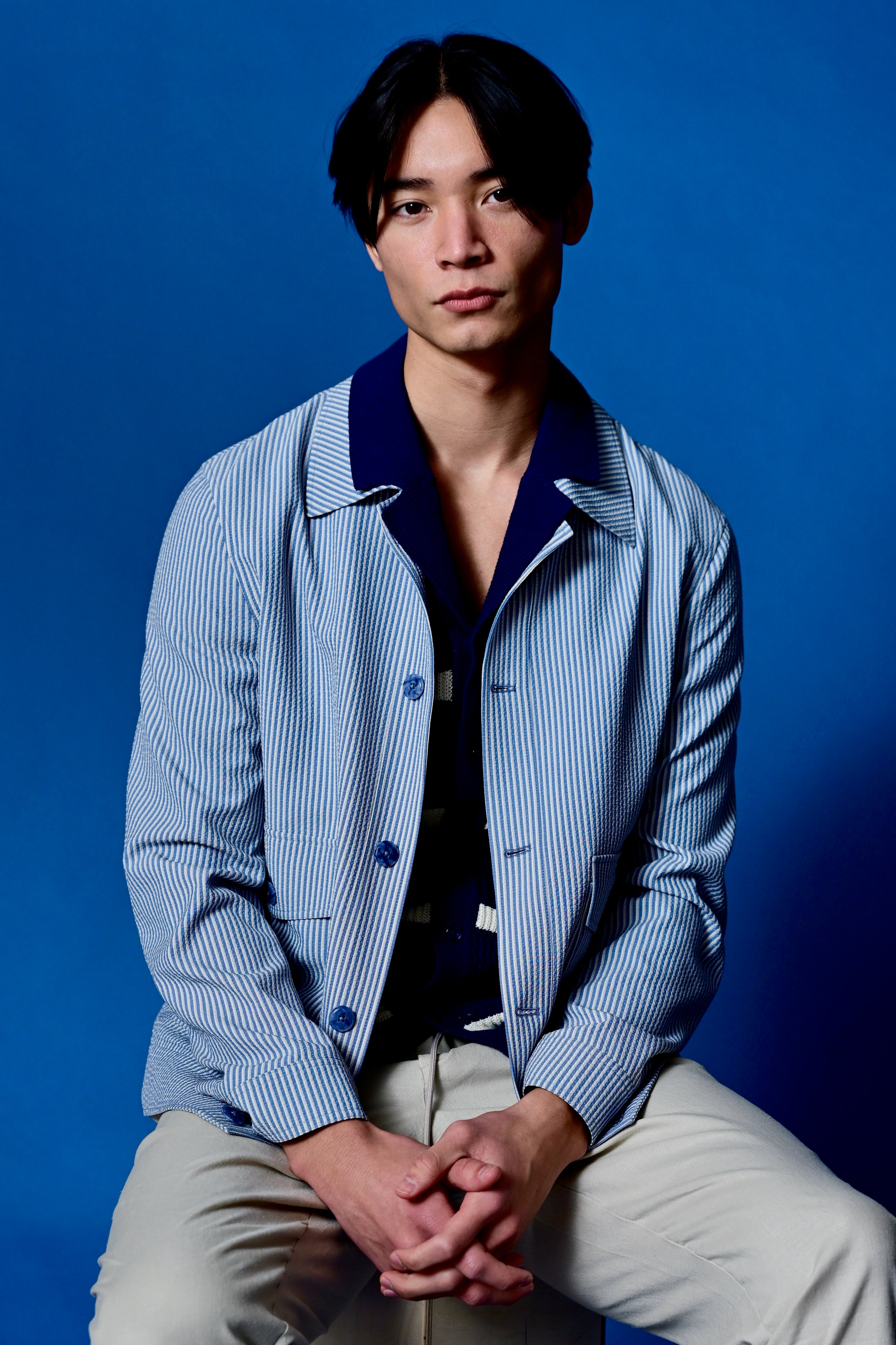 Milo Buttoned Bomber Jacket  - slim - Blue Grey Cream Seersucker