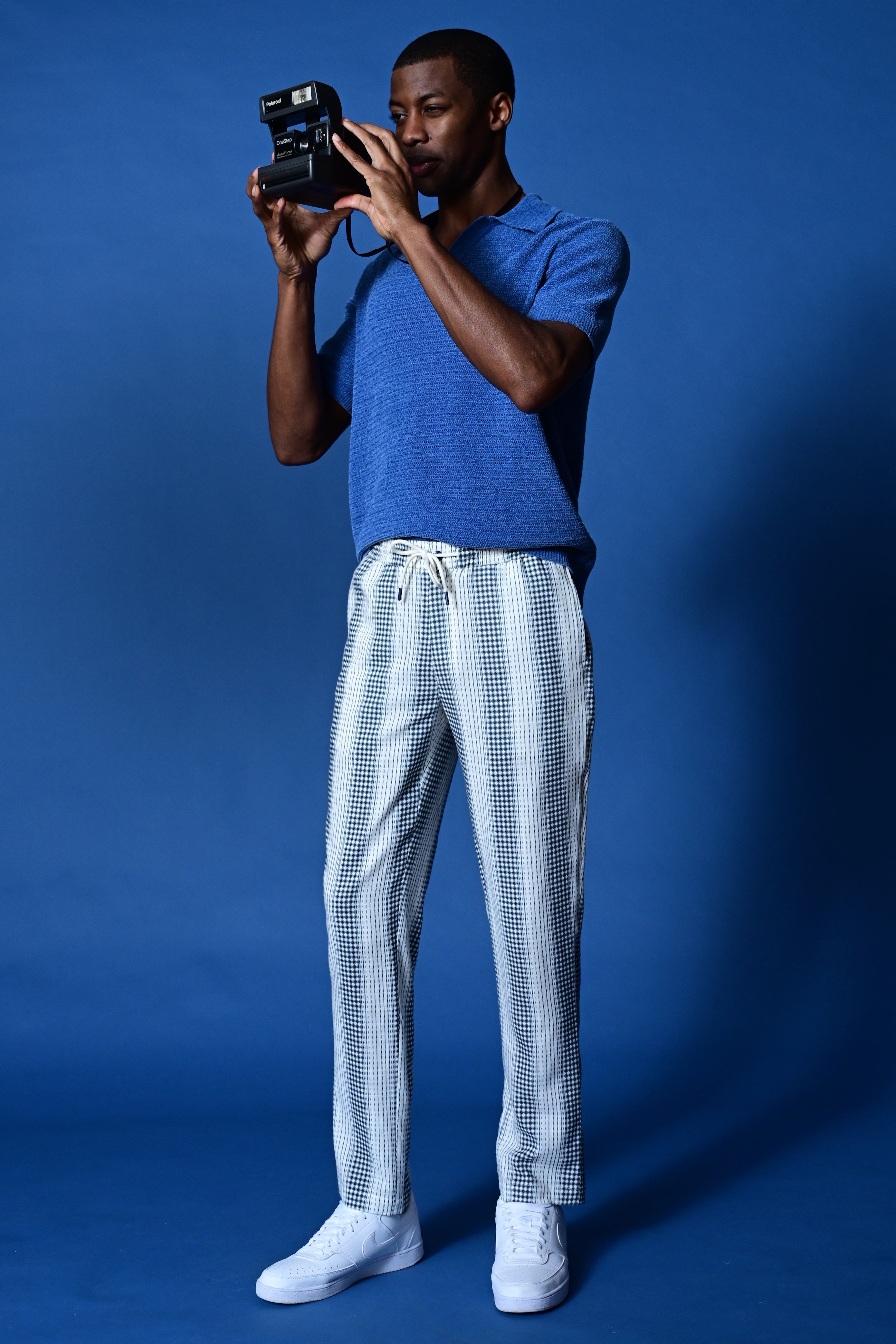 Chester Drawstring Pants - slim - Navy White Diamond Stripes