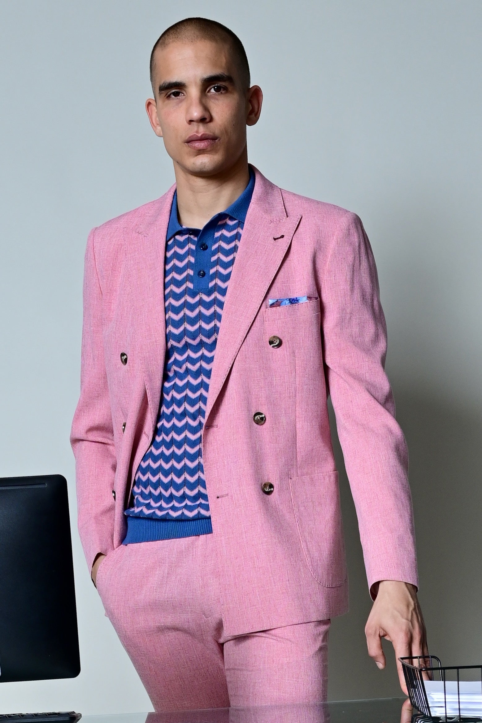 3 Button Chevron Polo - Blue & Pink Zig Zag