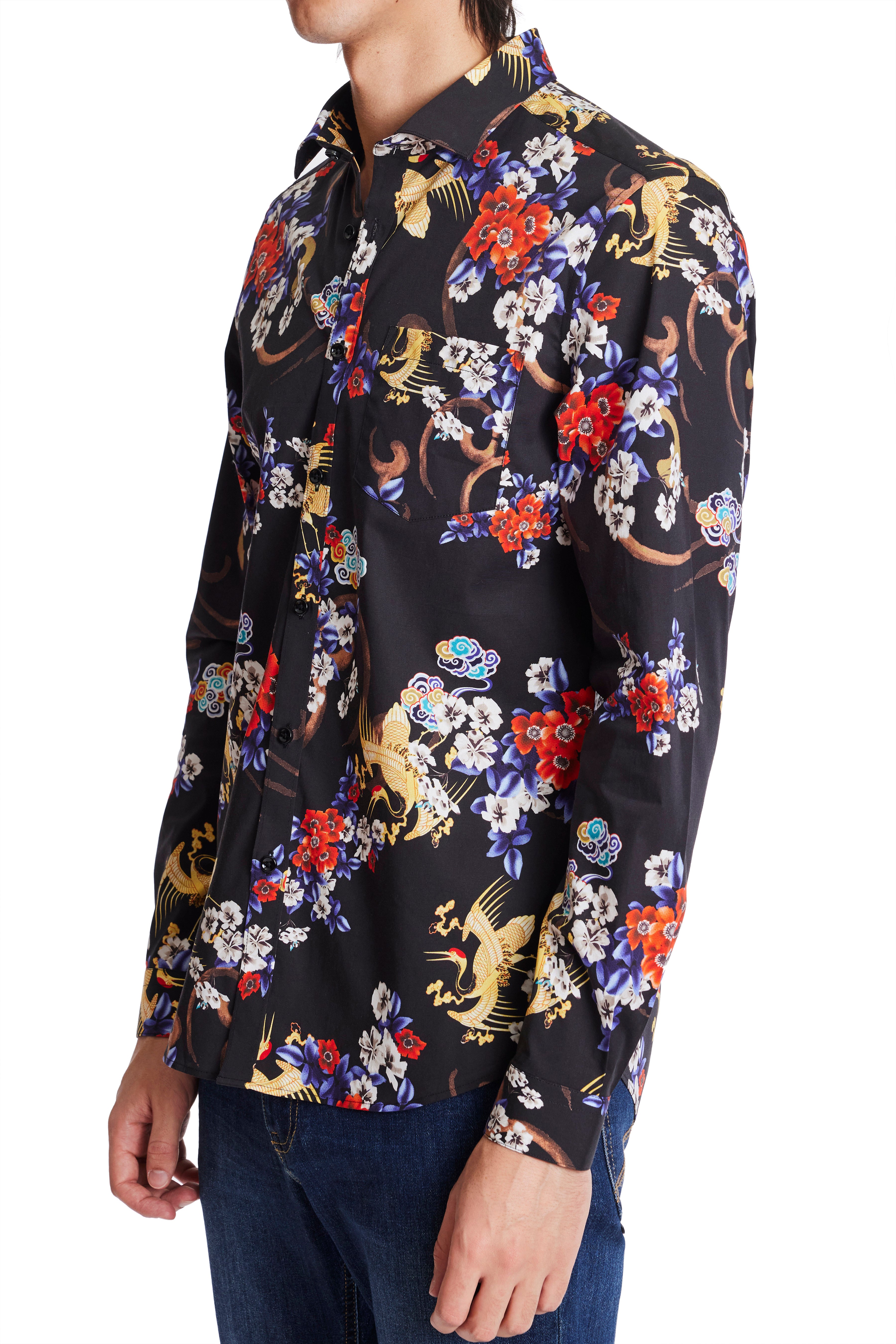 Samuel Spread Collar Shirt - Black Cranes
