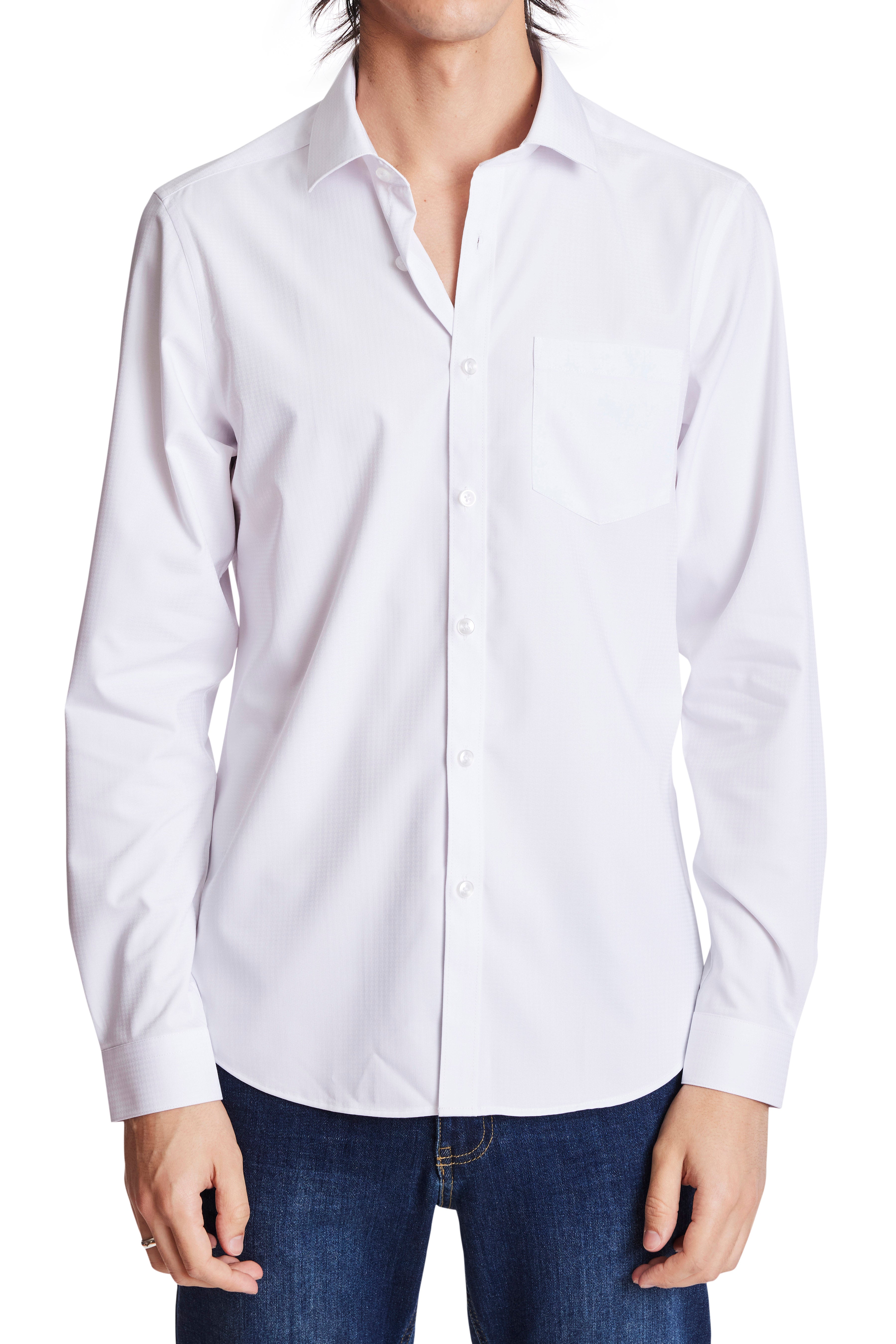 Samuel Spread Collar Shirt - White Houndstooth Jacquard