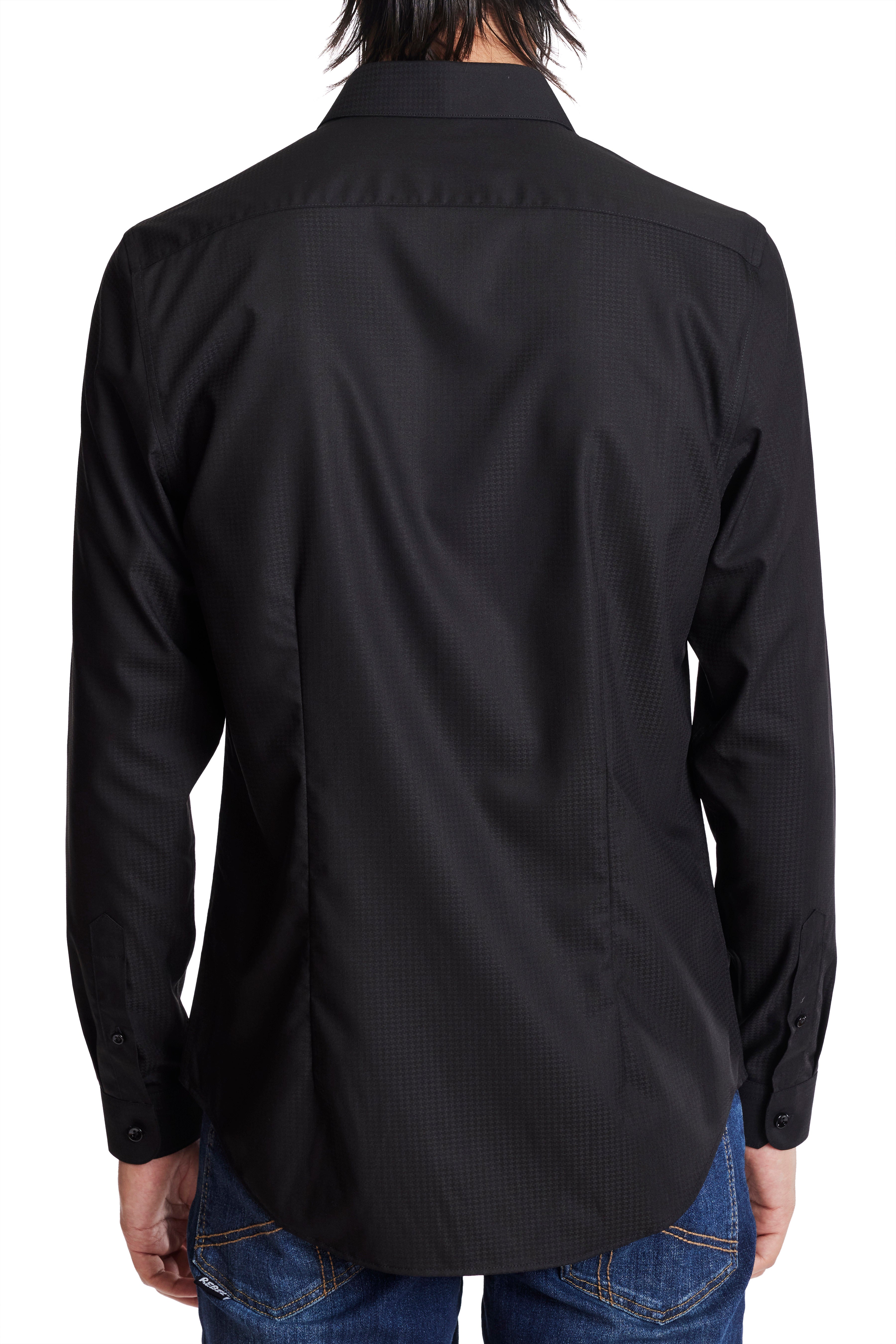Samuel Spread Collar Shirt - Black Houndstooth Jacquard