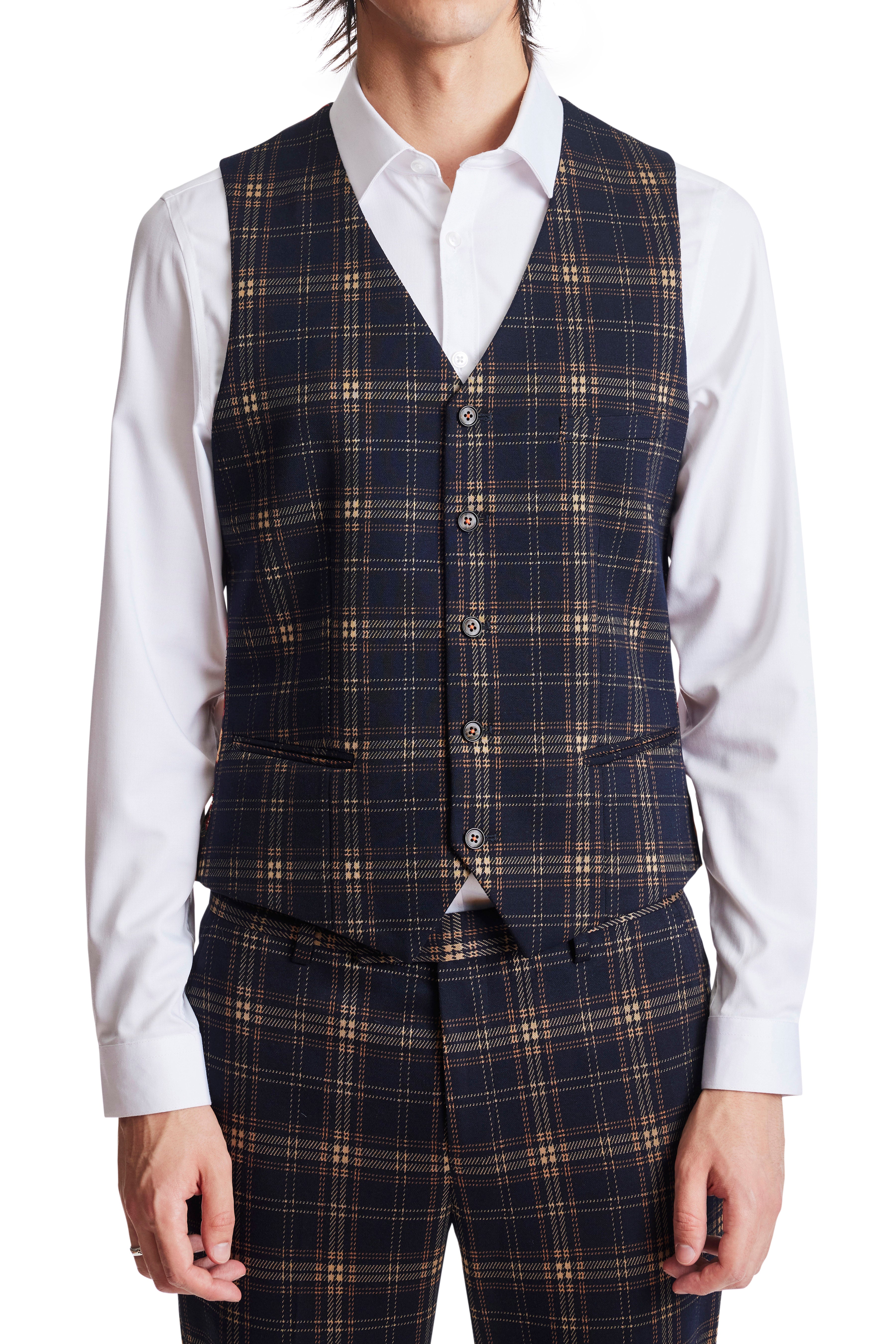 Eaton 5 Button Vest - slim - Navy Tan Pumpkin