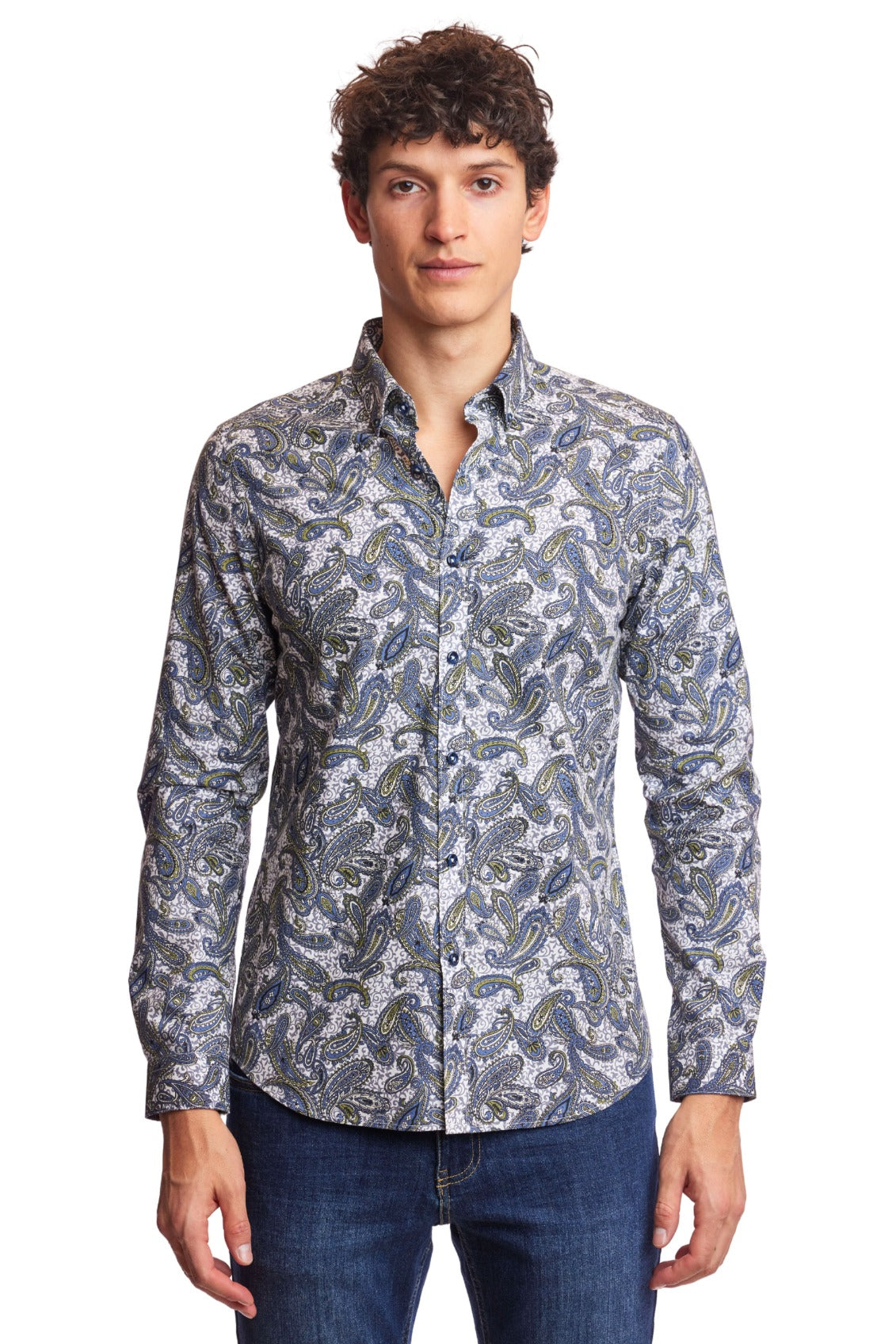 Brian Button Down Shirt - Ivory Blue Teal Paisley