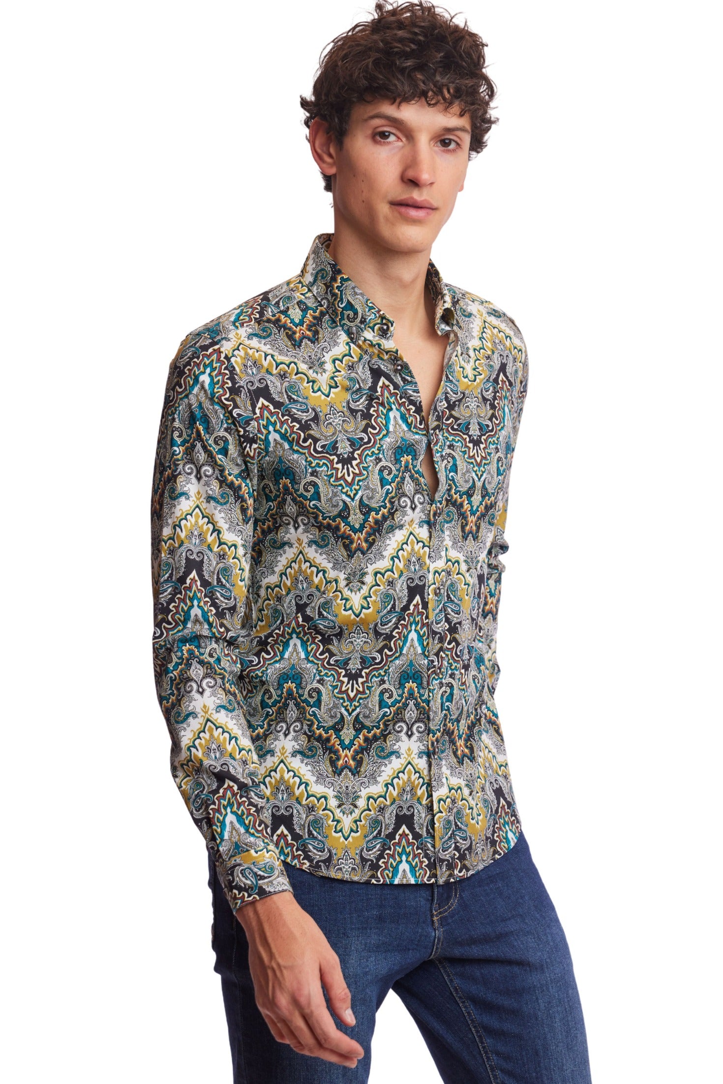 Brian Button Down Shirt - Teal Black Multi
