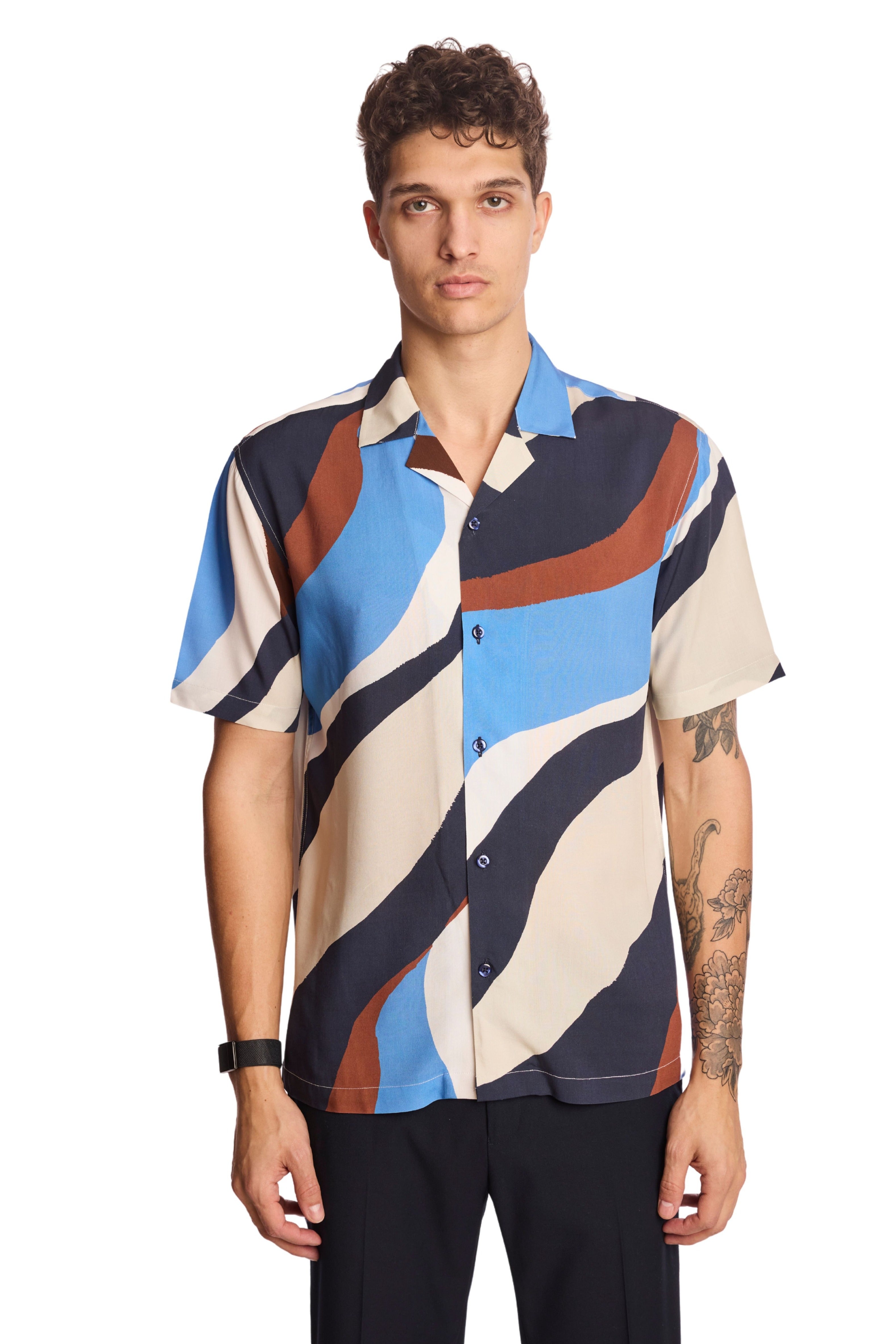 Camp Collar Shirt - Blue Brown White Swirls