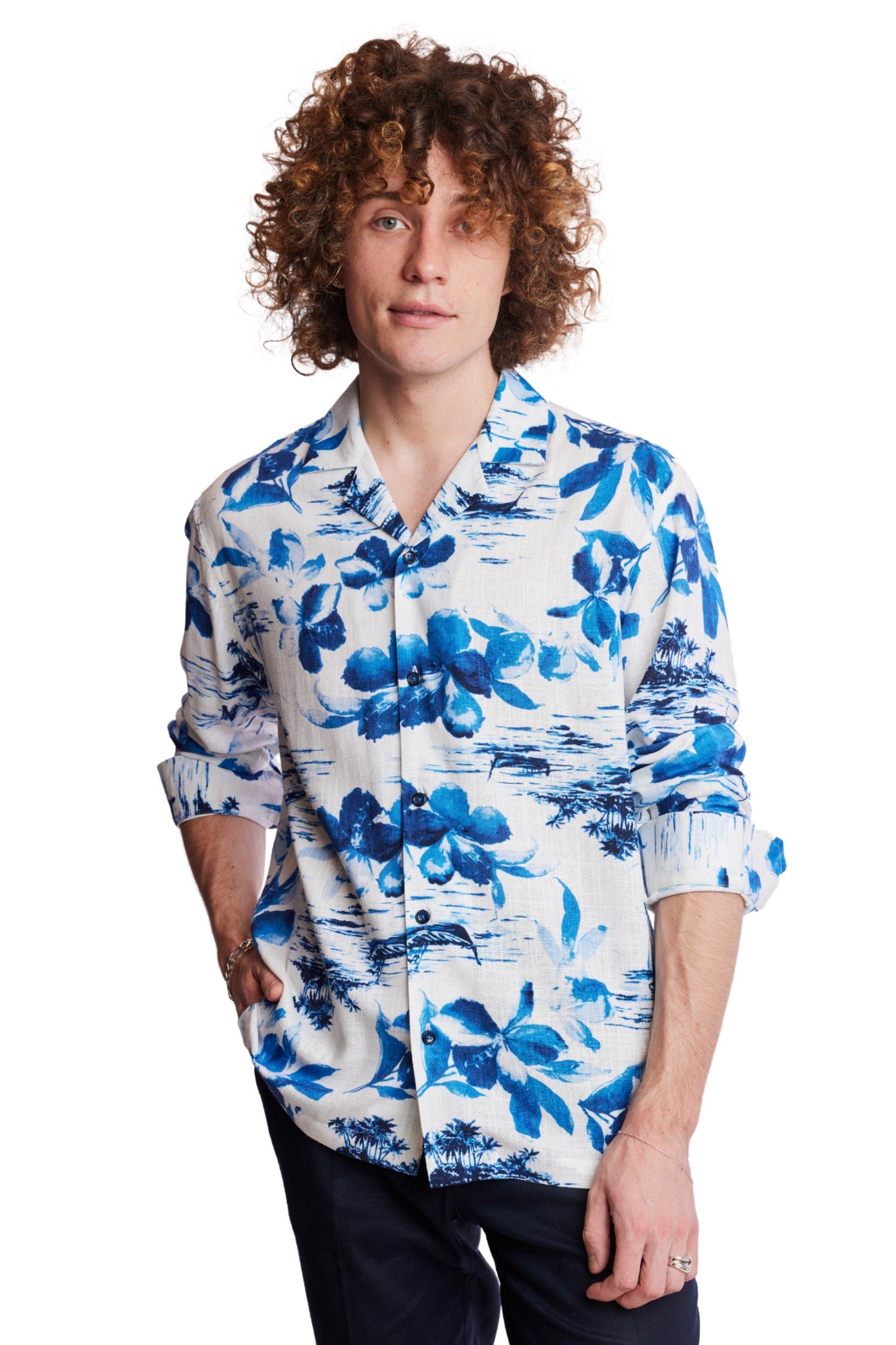 Camp Collar Shirt - White Blue Vacation