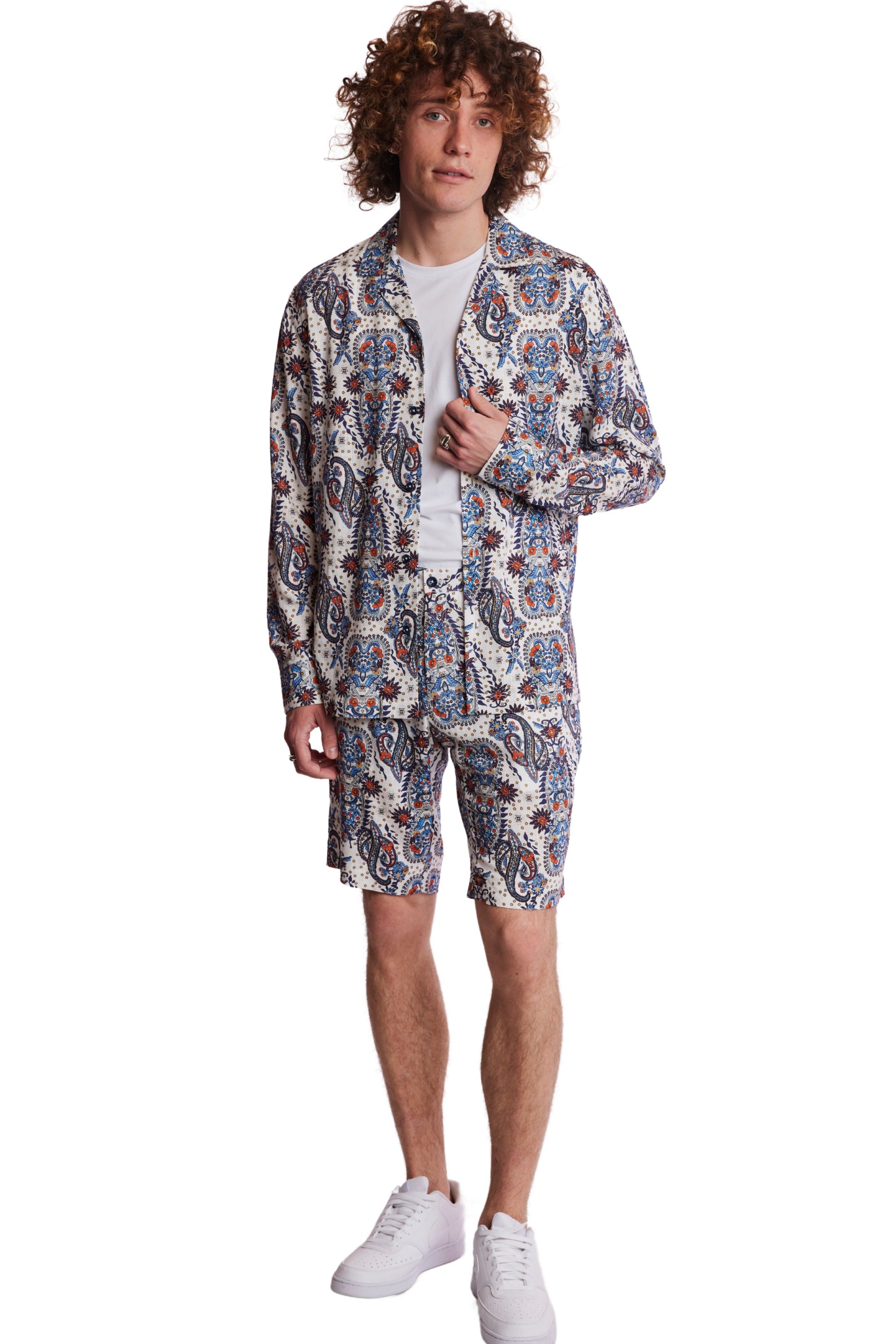 Camp Collar Shirt - White Blue Orange Paisley