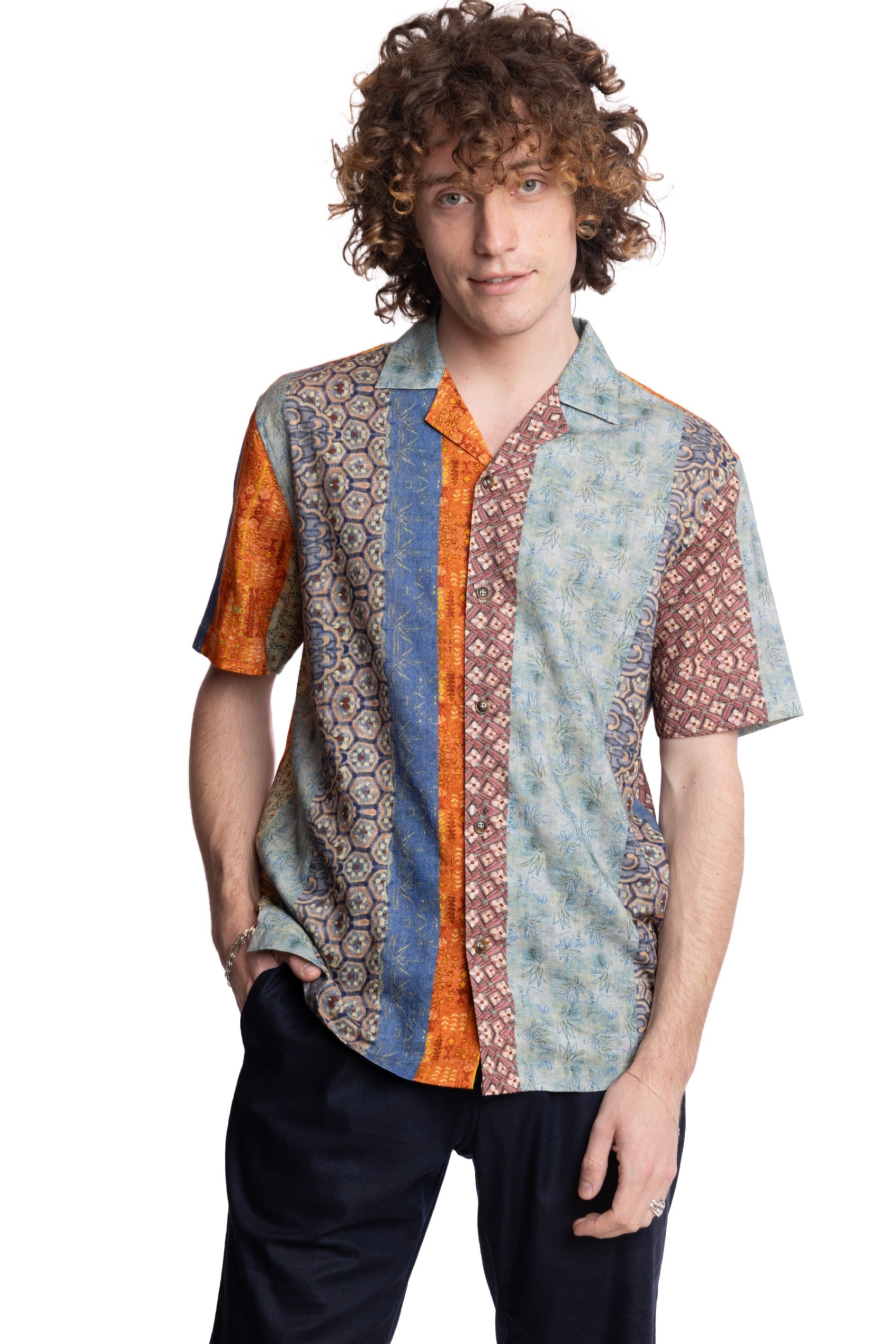 Camp Collar Shirt - Orange Blue Multi Stripe