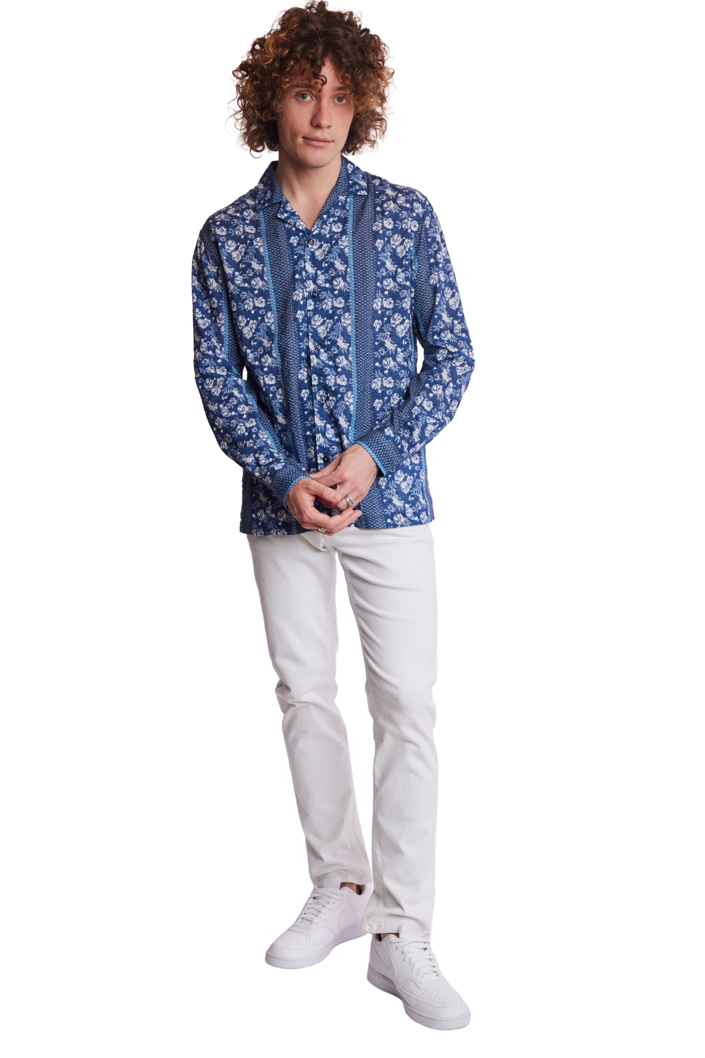 Camp Collar Shirt - Navy Lt Blue Floral Stripe
