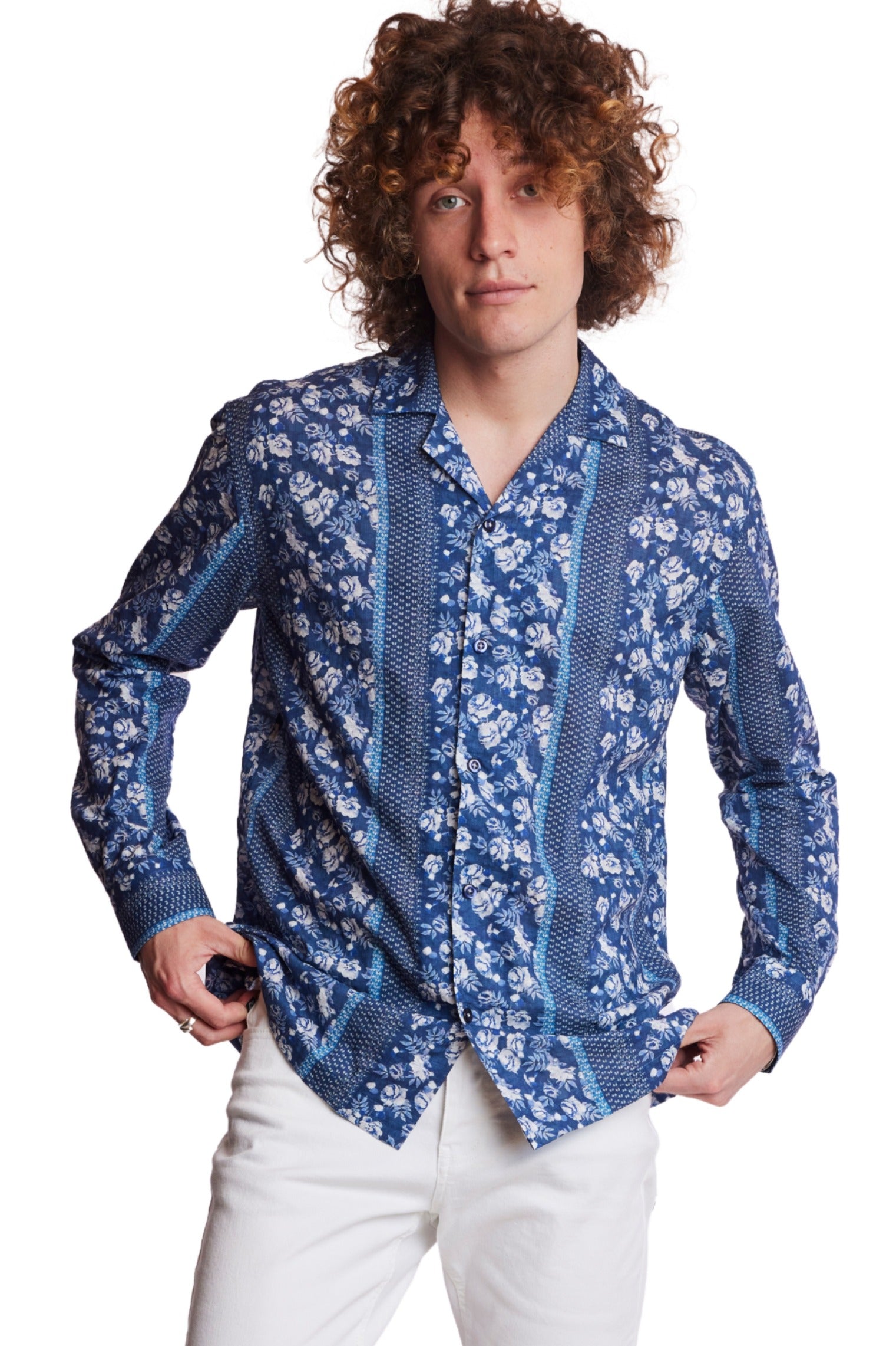 Camp Collar Shirt - Navy Lt Blue Floral Stripe