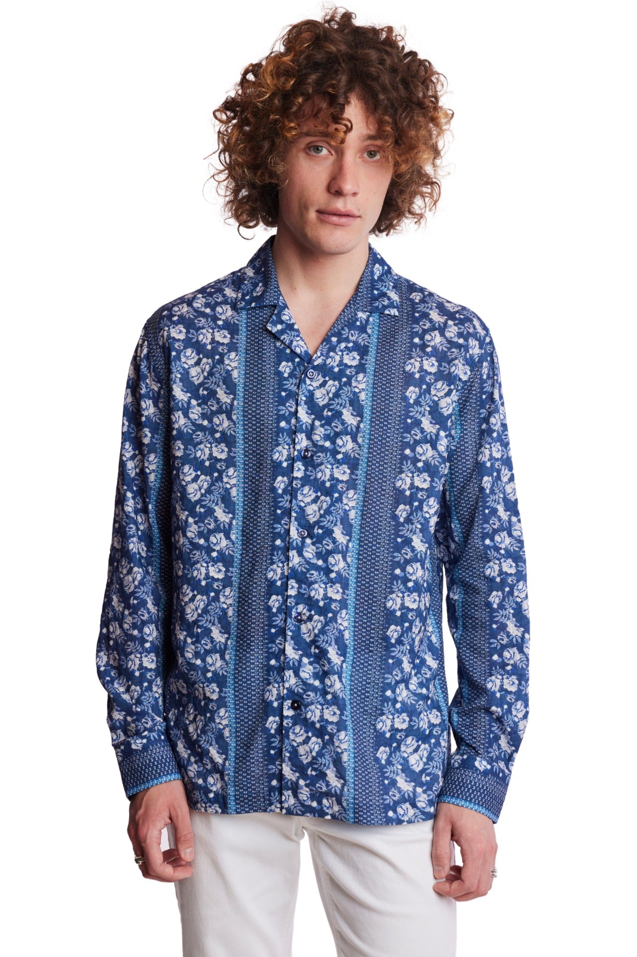 Camp Collar Shirt - Navy Lt Blue Floral Stripe