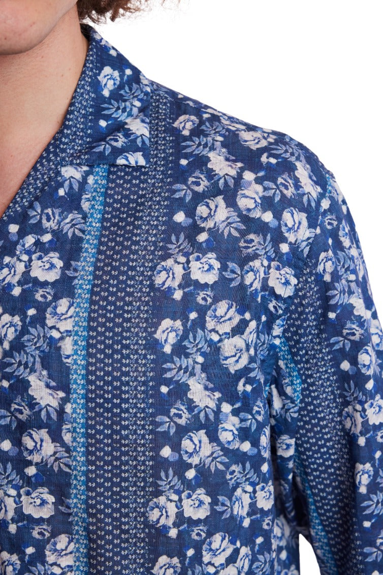 Camp Collar Shirt - Navy Lt Blue Floral Stripe