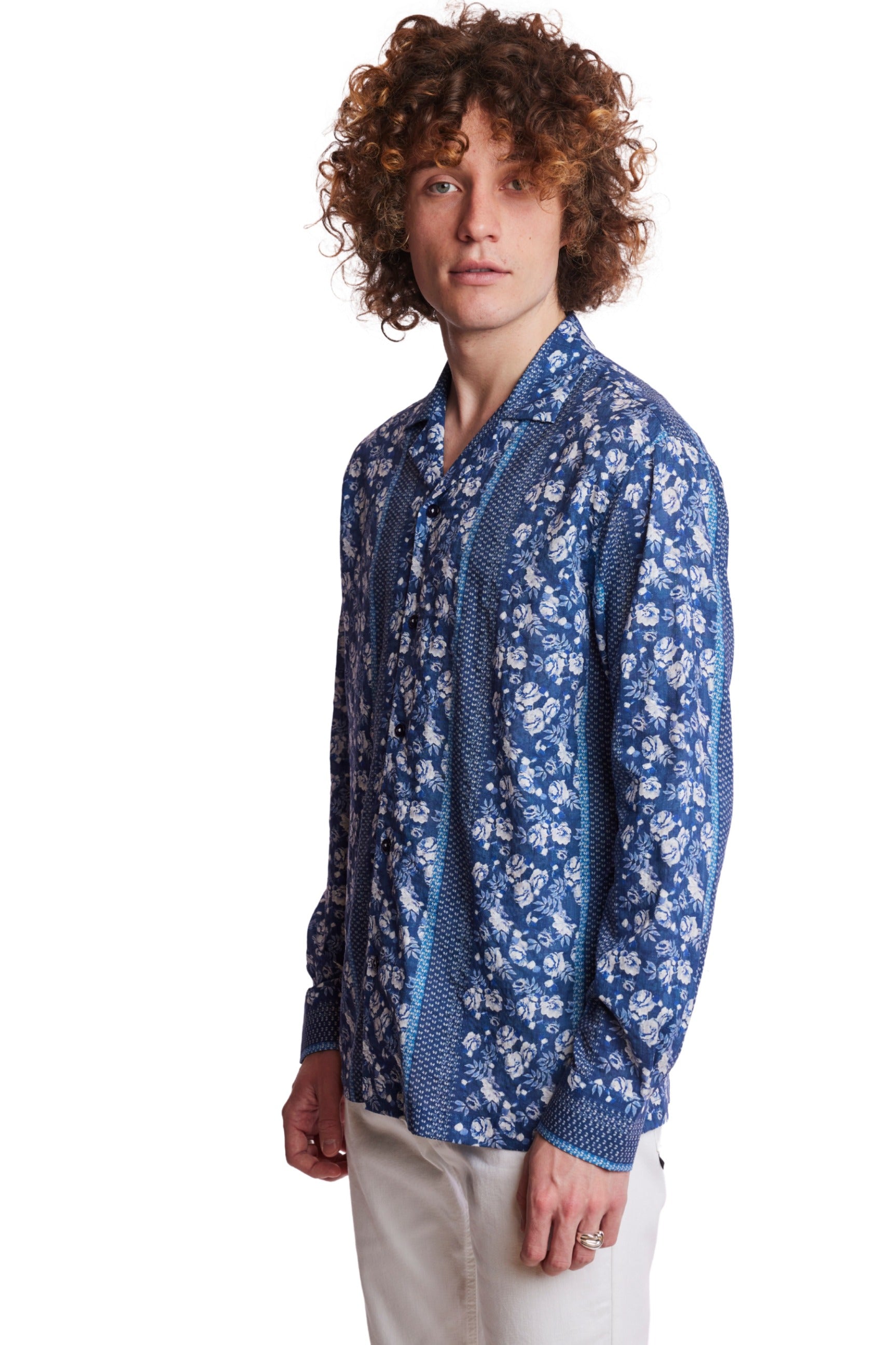 Camp Collar Shirt - Navy Lt Blue Floral Stripe