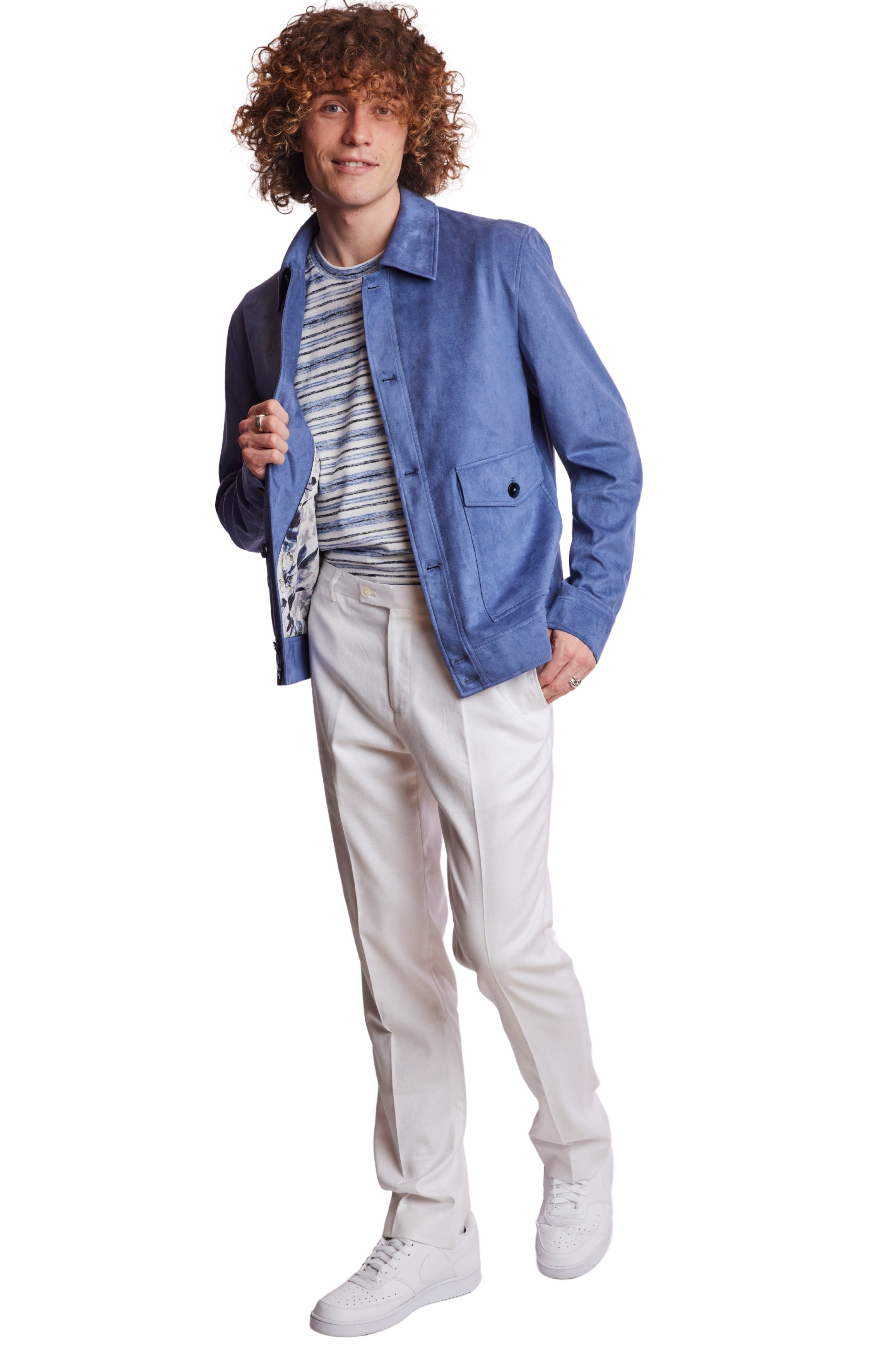 Milo Buttoned Bomber Jacket  - slim - Soft Blue Micro Suede