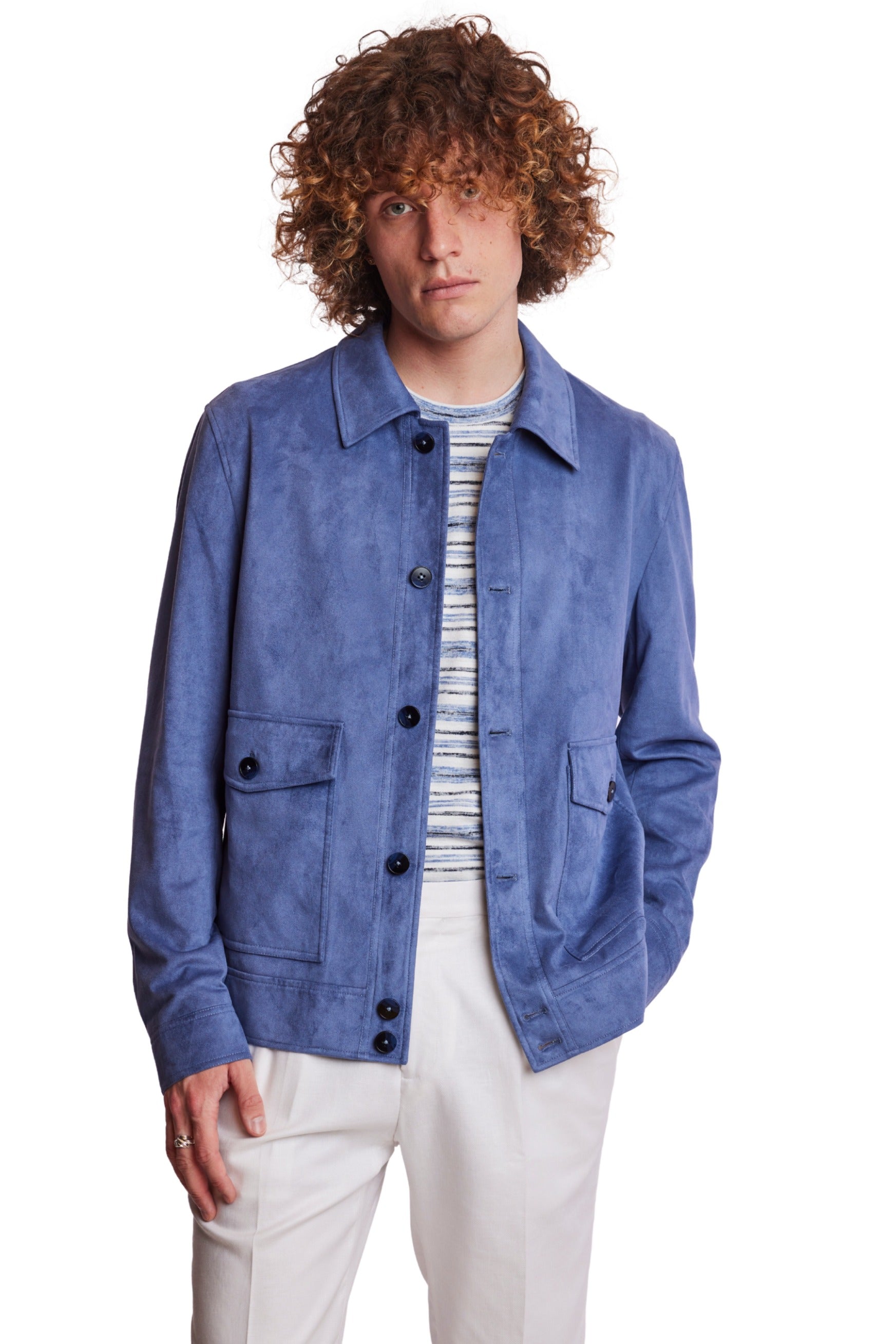 Milo Buttoned Bomber Jacket  - slim - Soft Blue Micro Suede