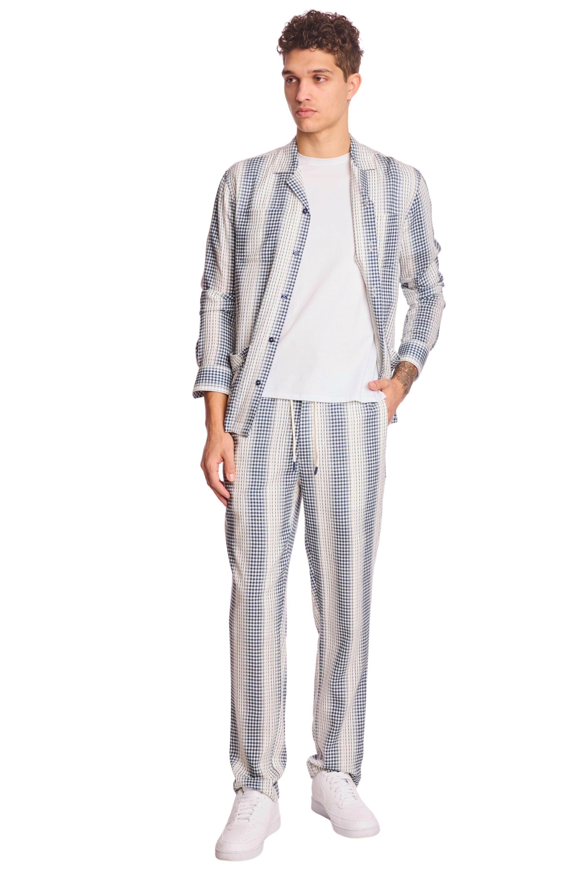 Chester Drawstring Pants - slim - Navy White Diamond Stripes