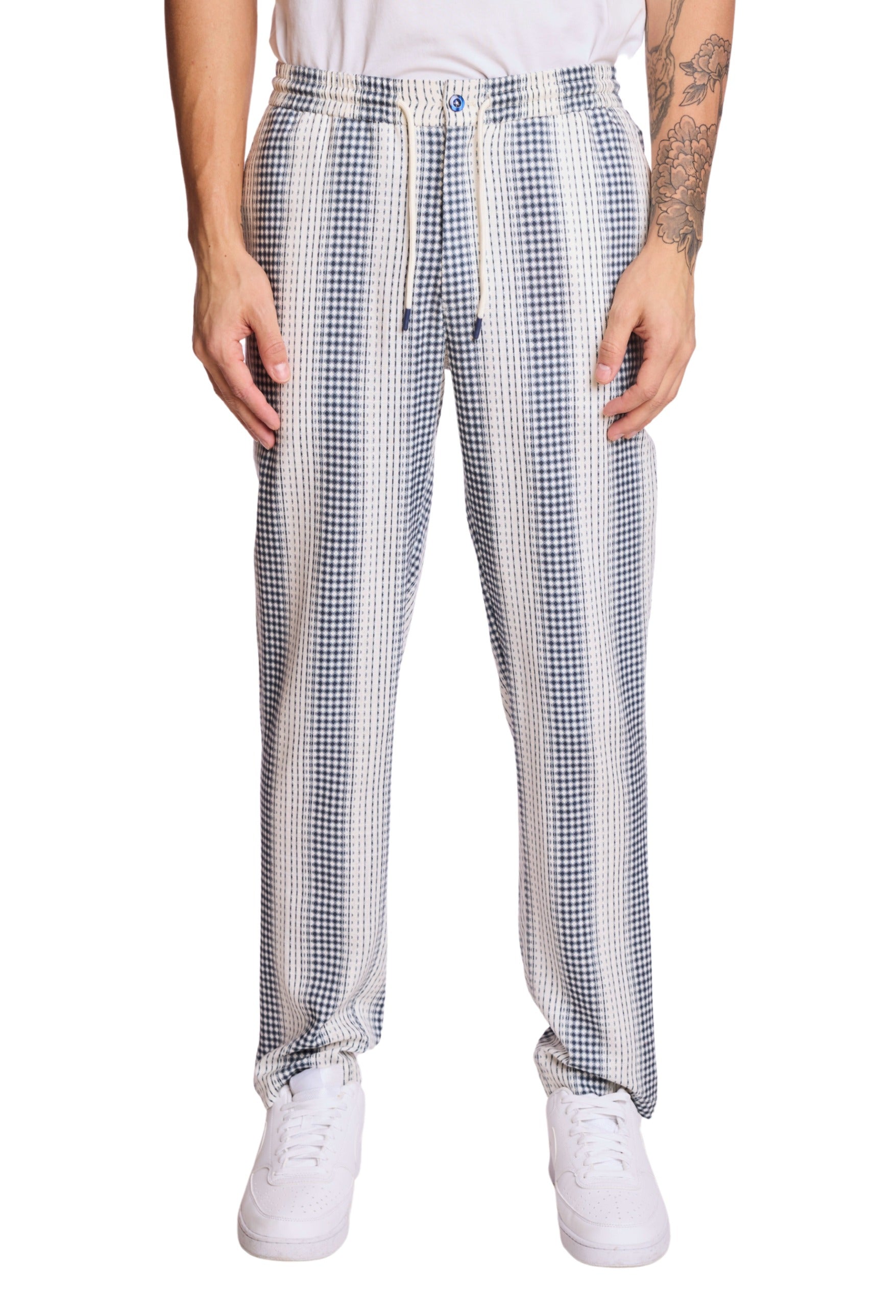 Chester Drawstring Pants - slim - Navy White Diamond Stripes