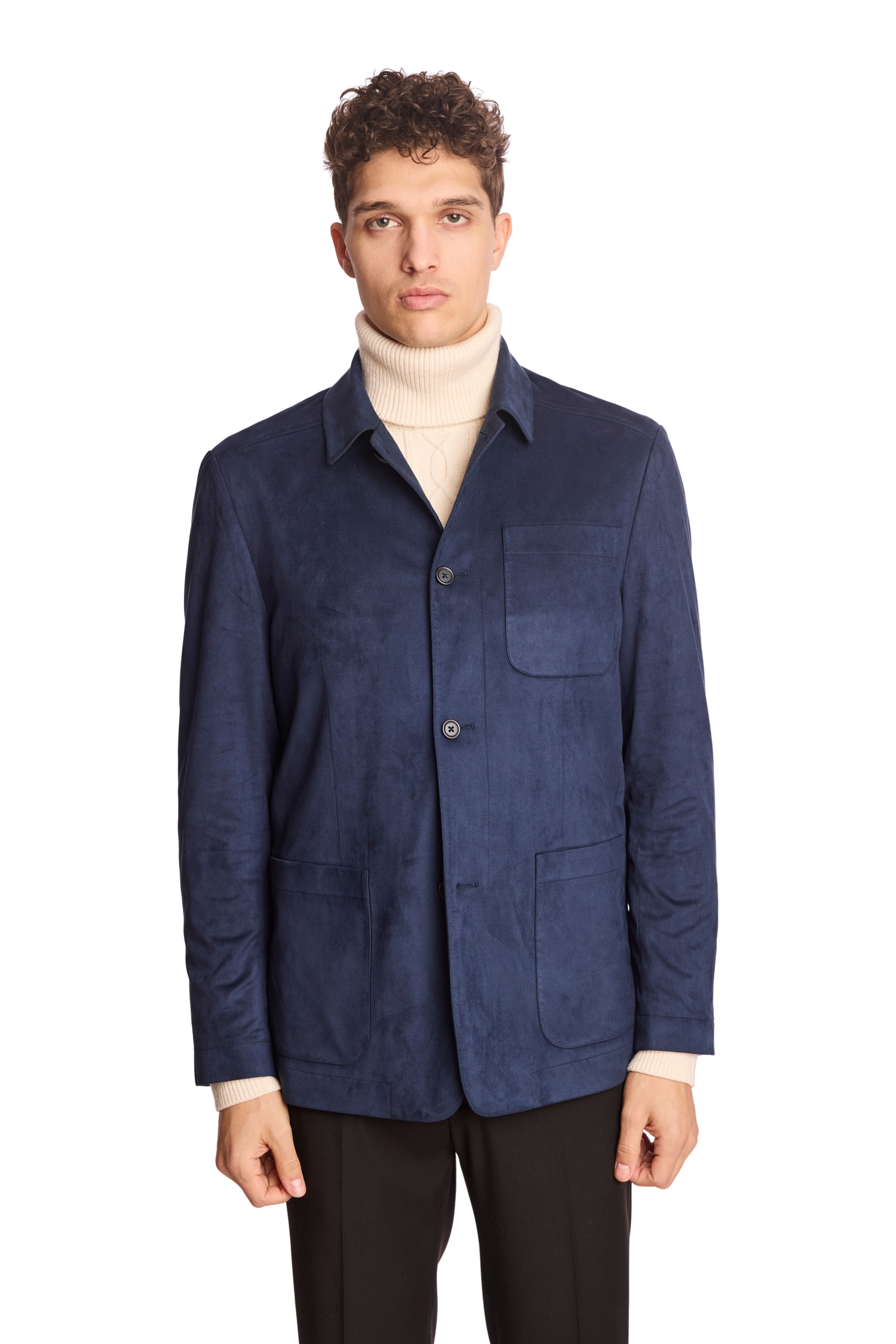 New City Button Up Jacket - Navy Blue Microsuede