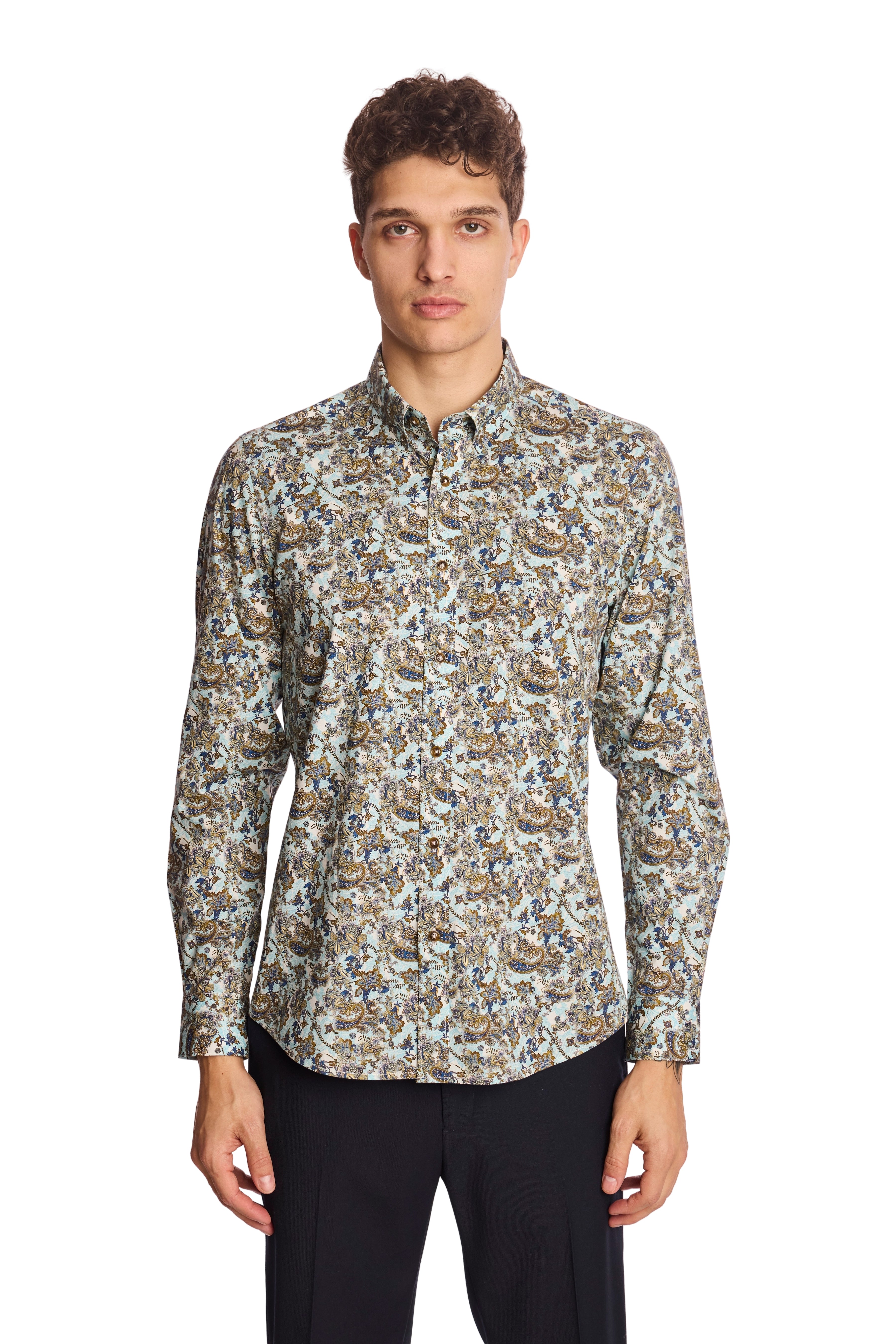Brian Button Down Shirt - LT Blue & Brown Paisley