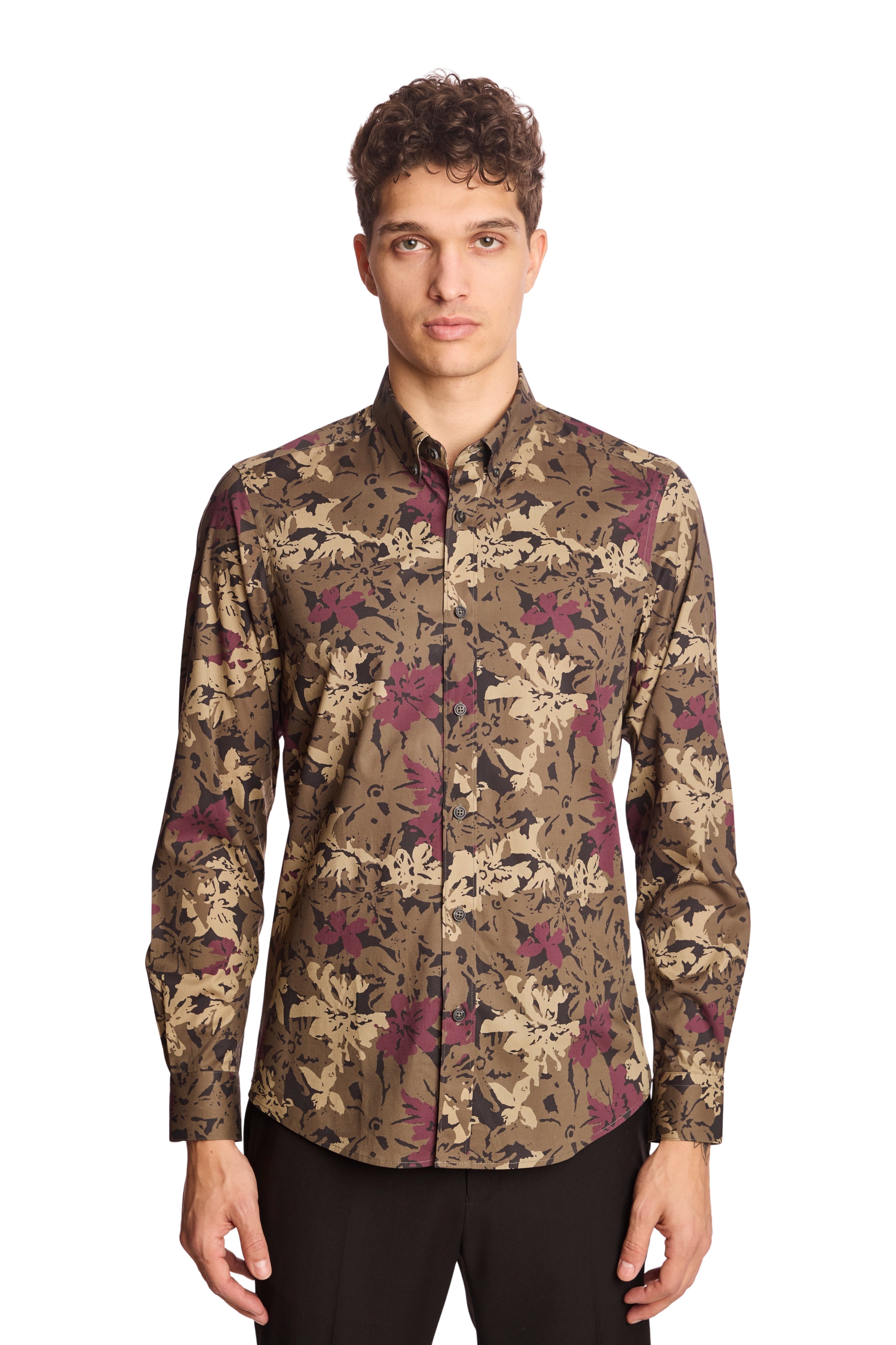 Brian Button Down Shirt - Army Burgundy Floral