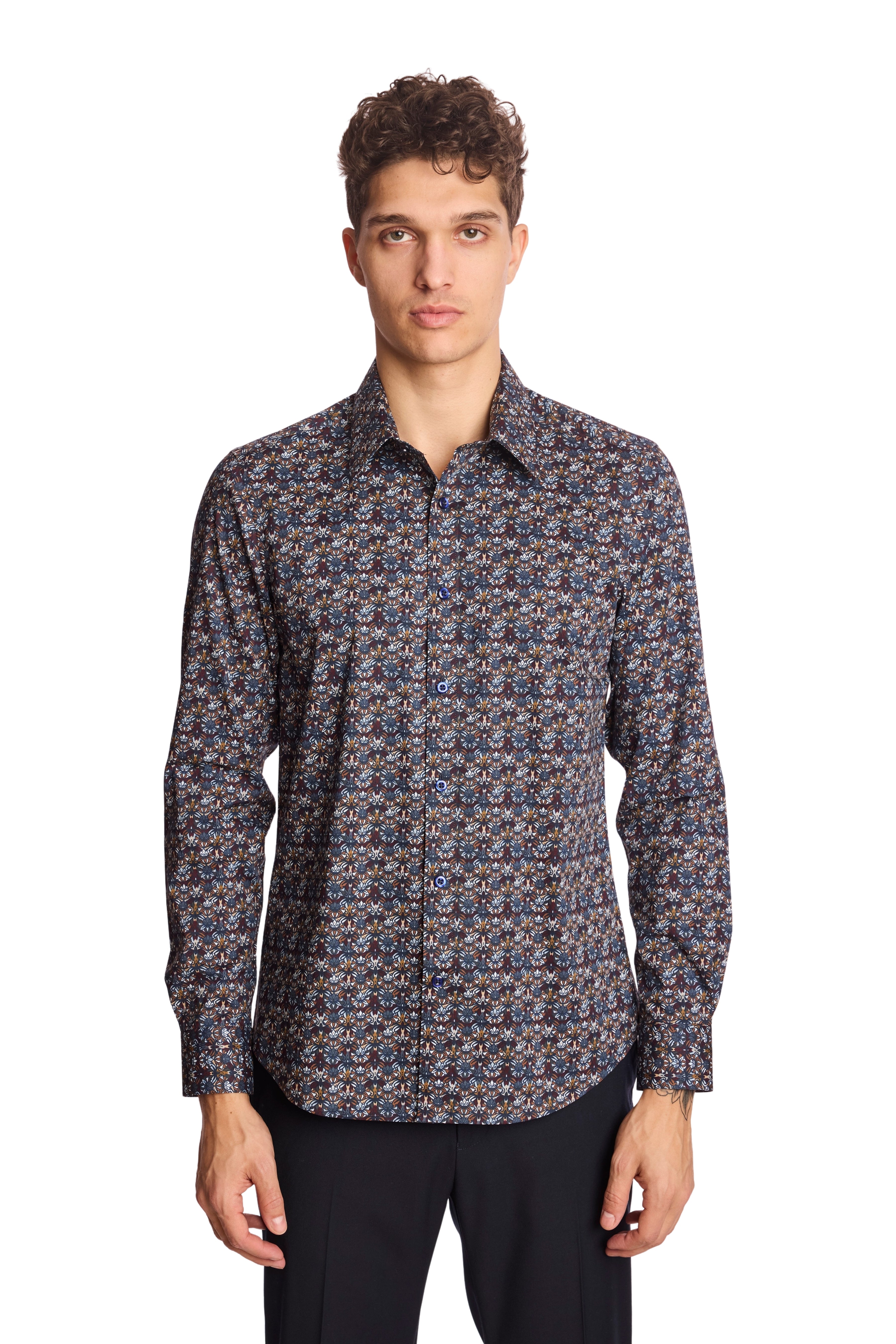 Parker Pointed Collar Shirt - Blue & Burgundy Abstract