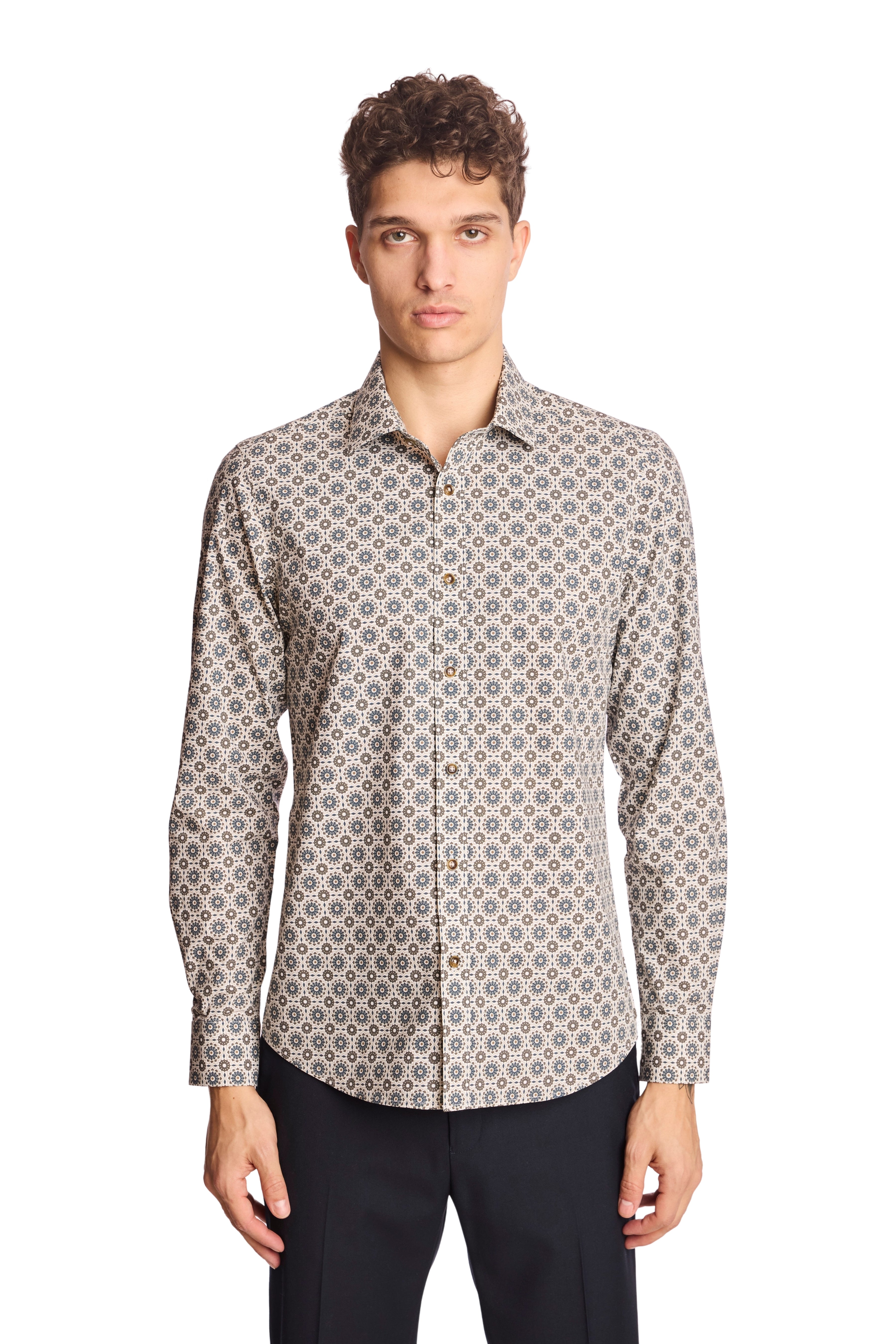 Samuel Spread Collar Shirt - Brown & Blue Geometric