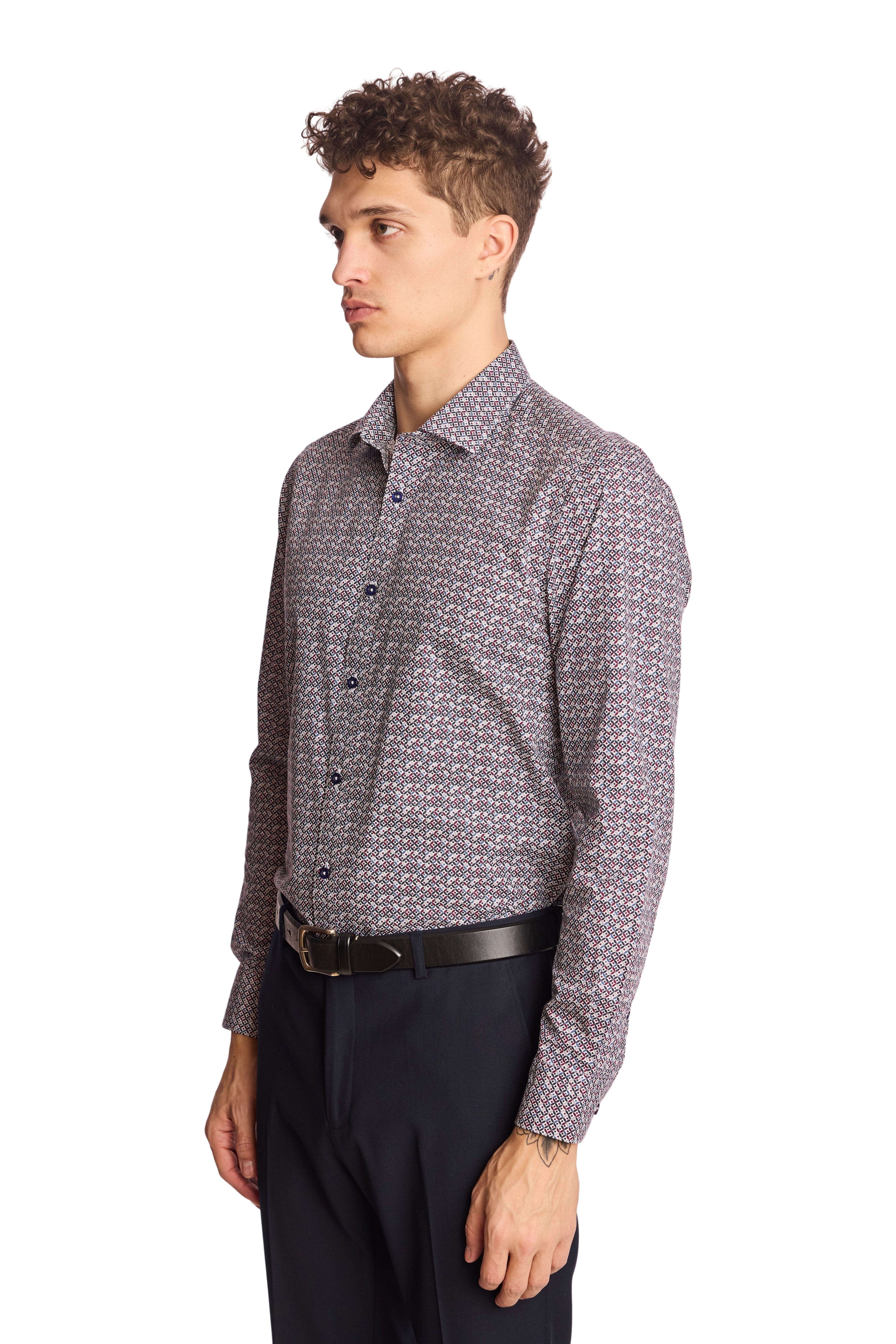 Samuel Spread Collar Shirt - Red Blue & White Geo