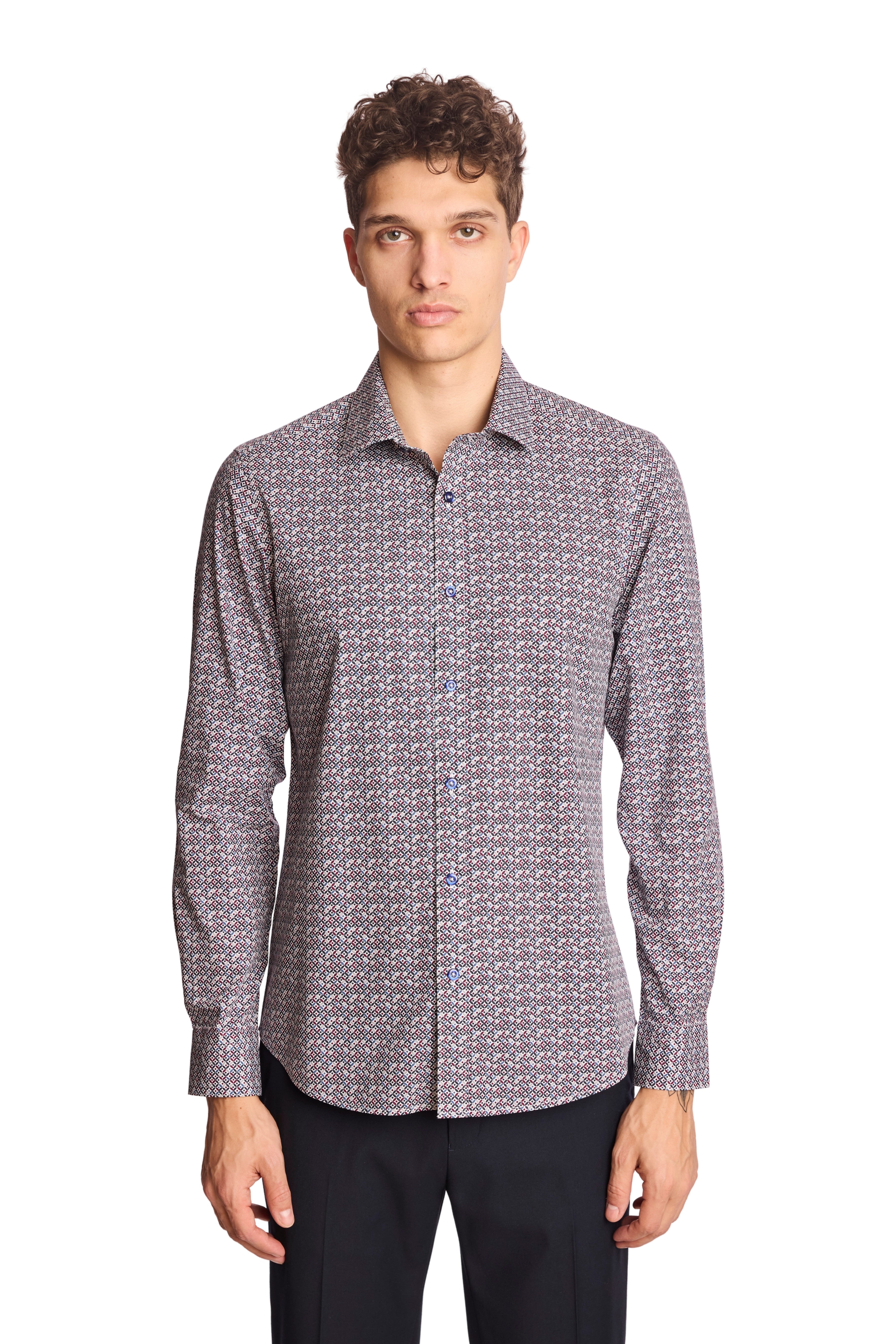 Samuel Spread Collar Shirt - Red Blue & White Geo