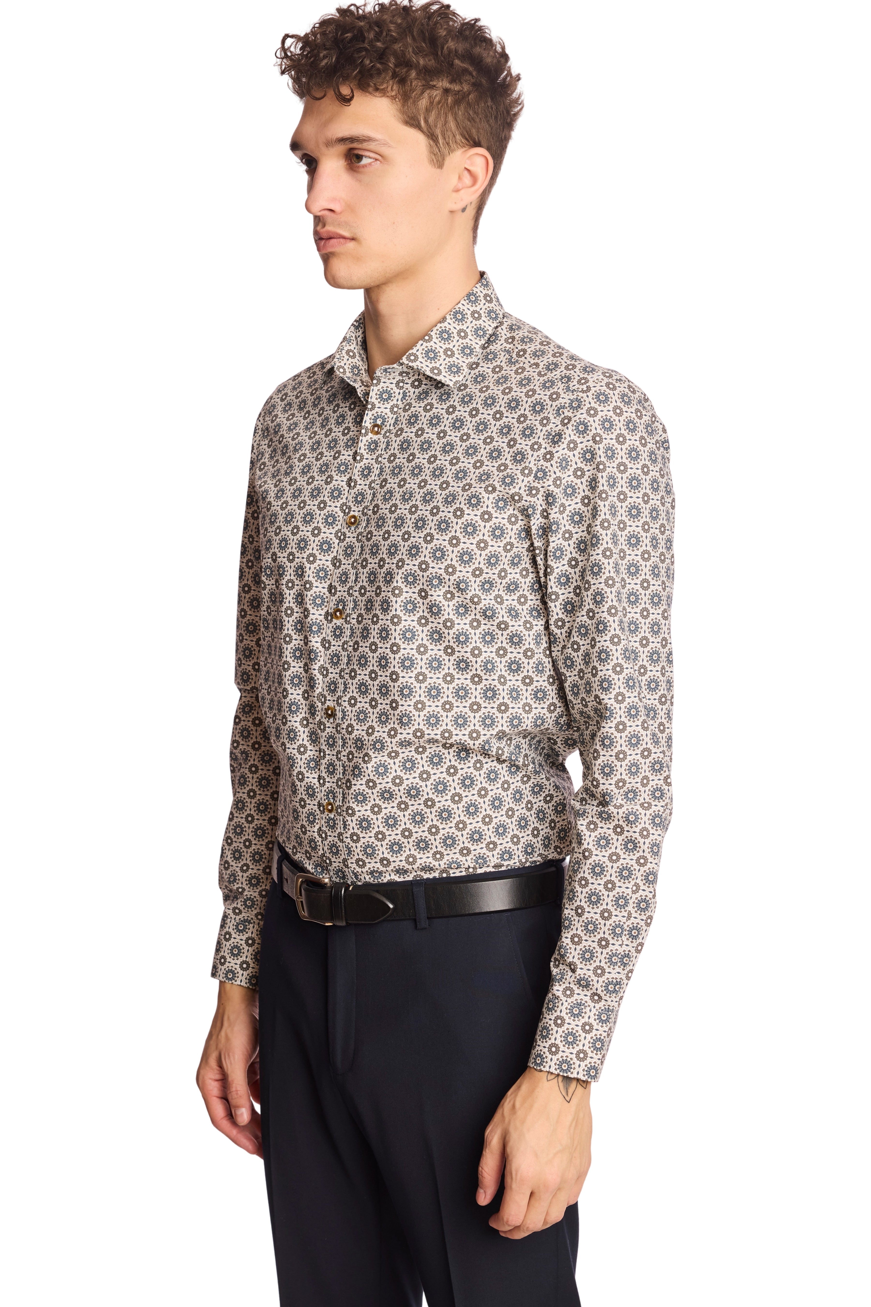 Samuel Spread Collar Shirt - Brown & Blue Geometric