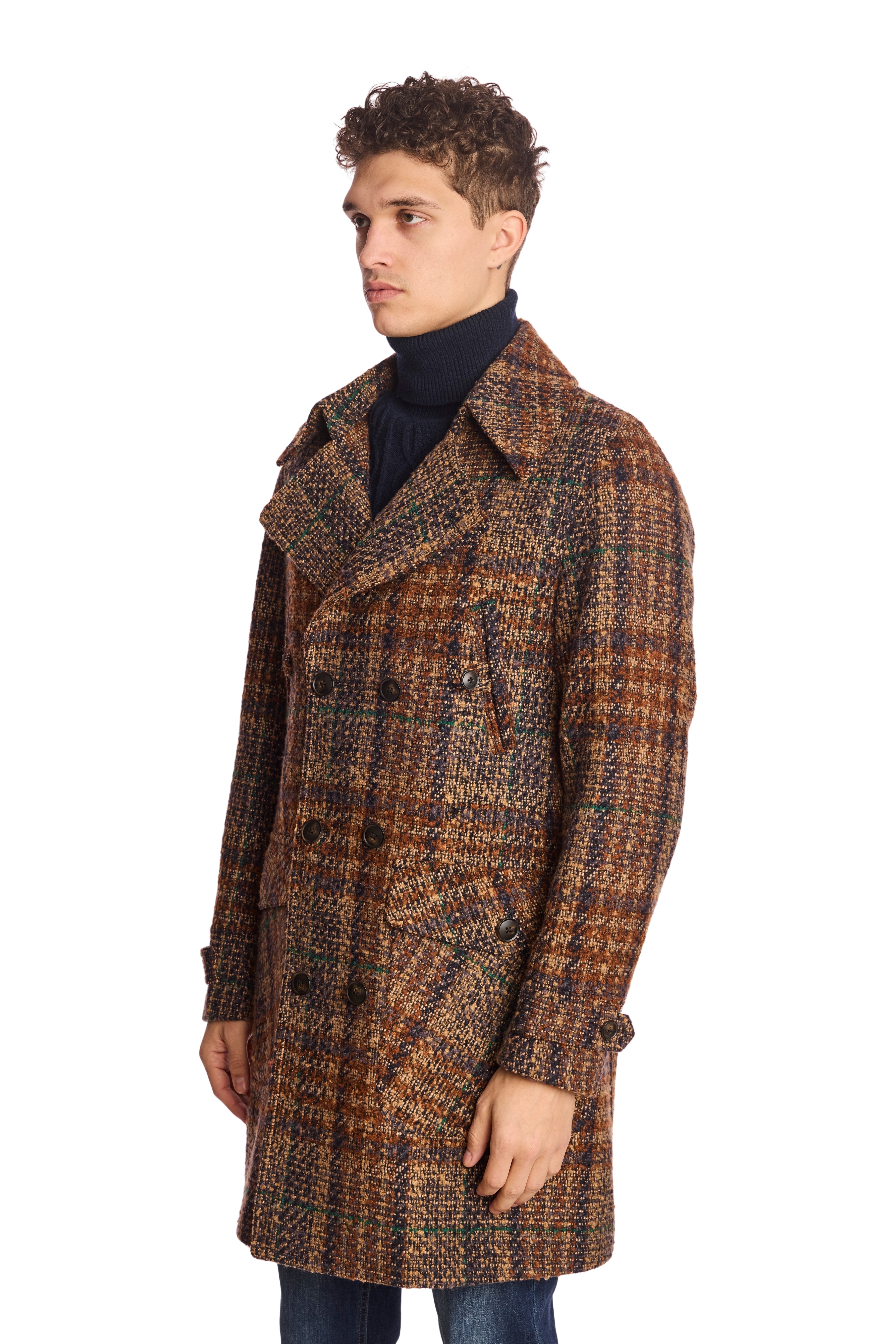 Military DB Overcoat - Tan Purple Rust Plaid