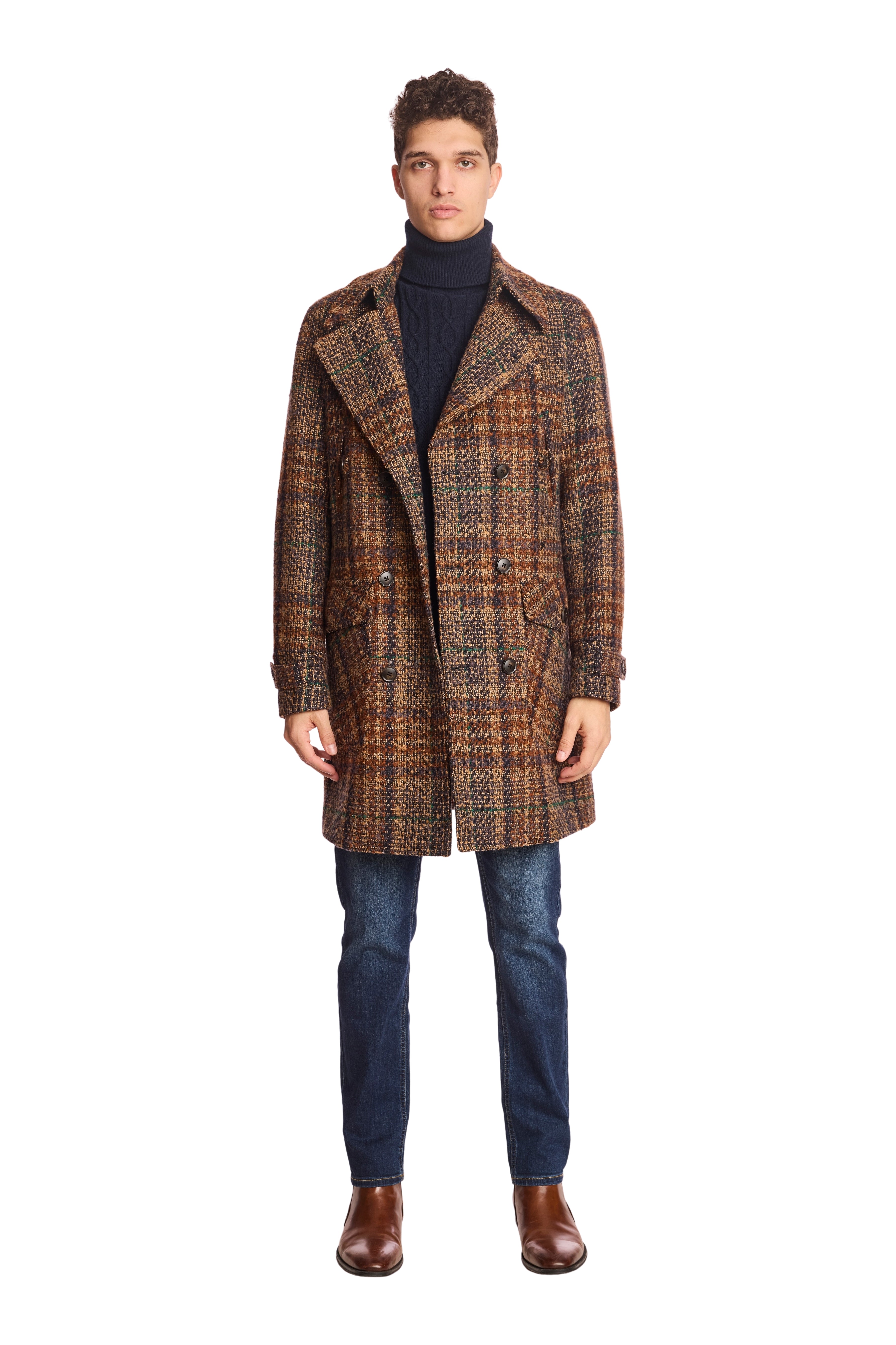 Military DB Overcoat - Tan Purple Rust Plaid